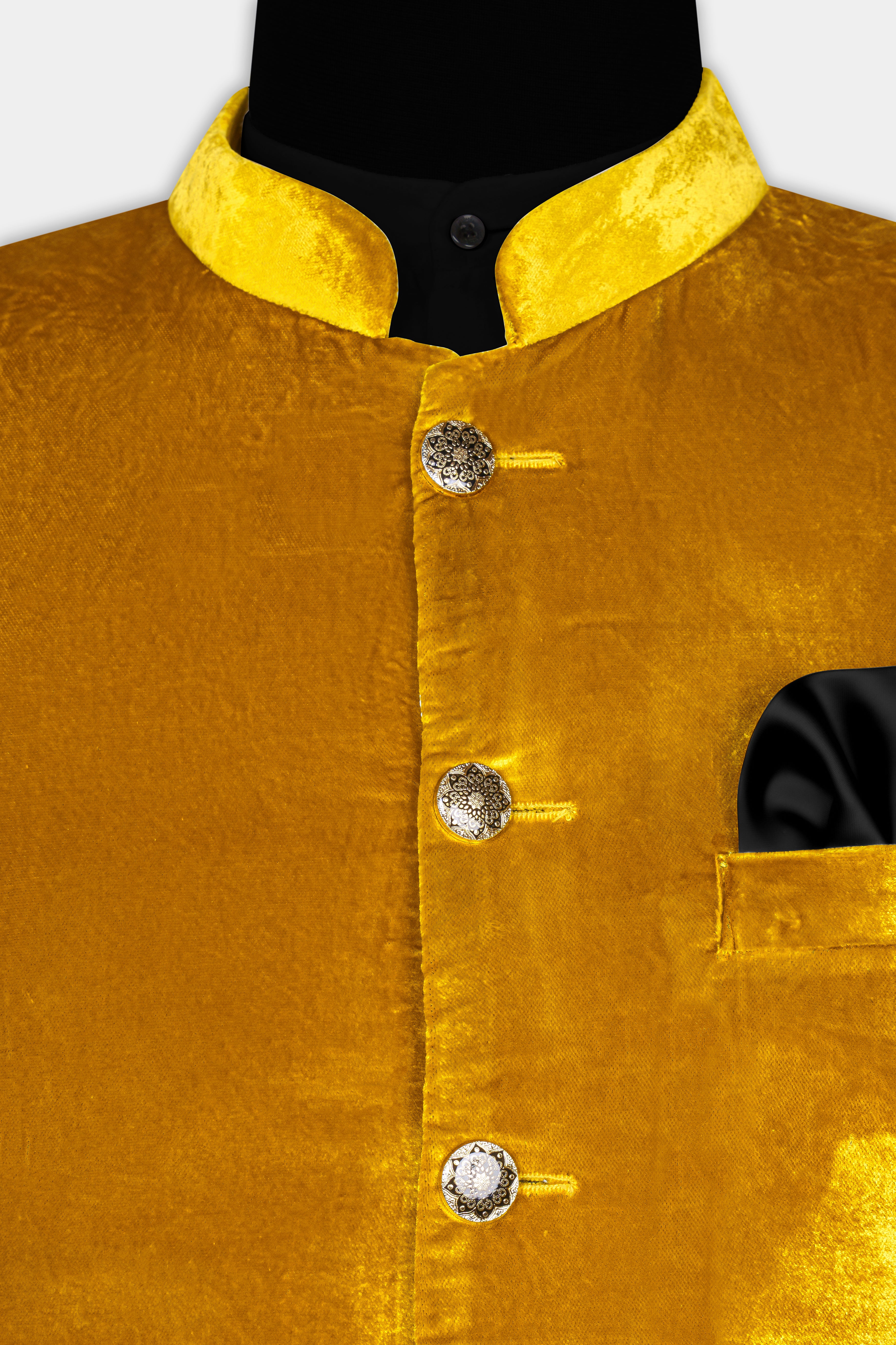 Gamboge Yellow Crushed Velvet Bandhgala Suit