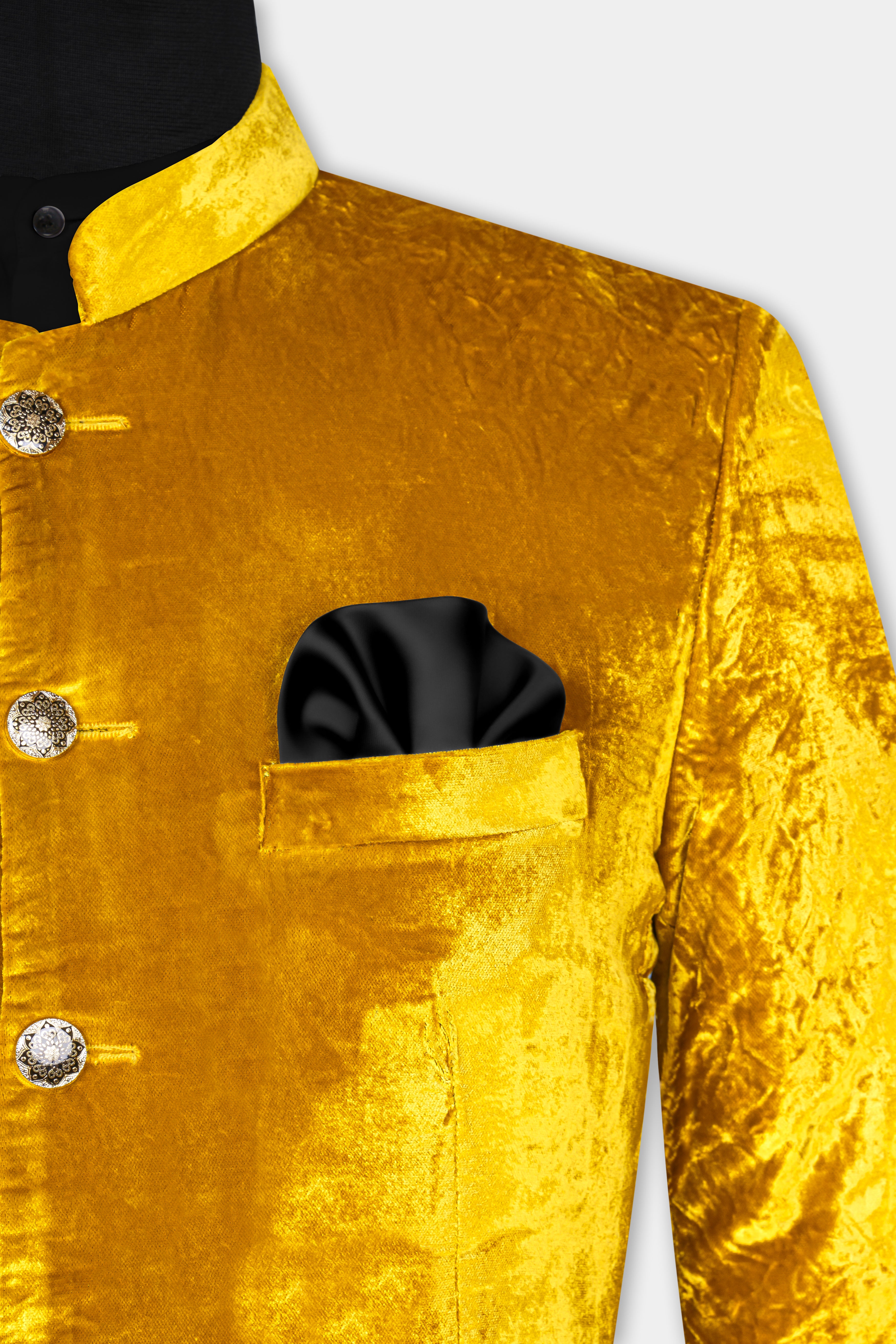 Gamboge Yellow Crushed Velvet Bandhgala Suit