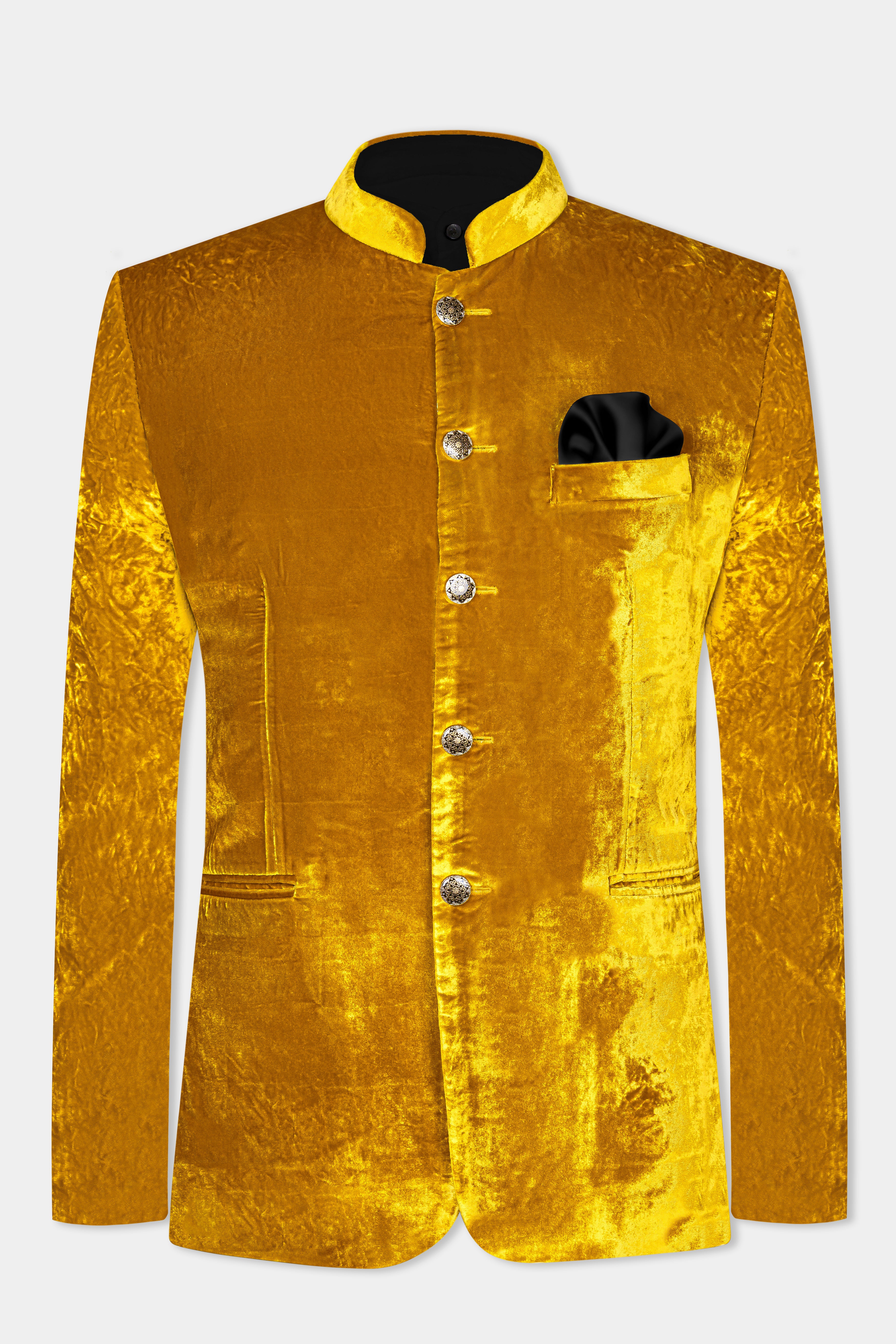 Gamboge Yellow Crushed Velvet Bandhgala Suit