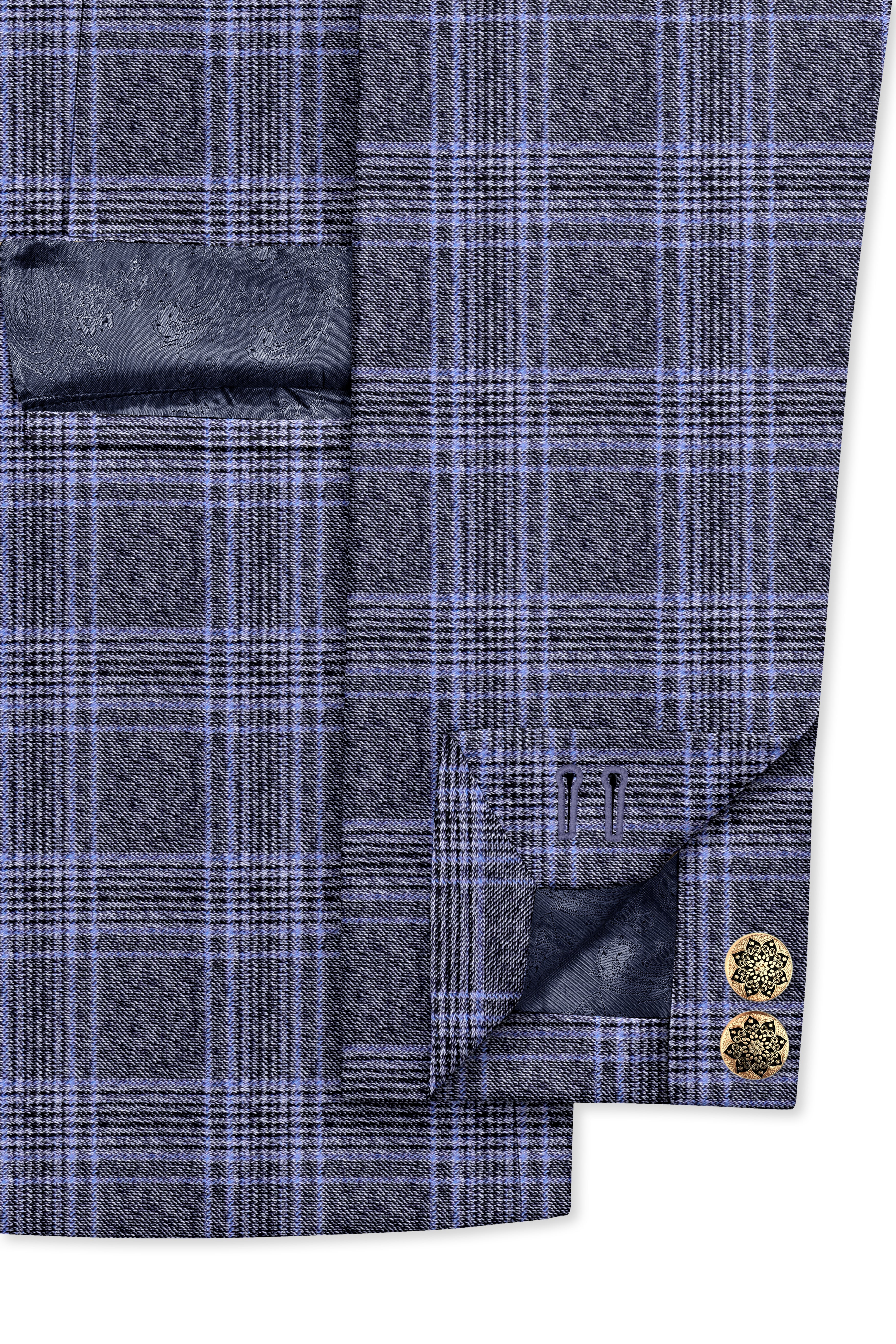Dolphin And Casper Blue Checkered Cross Placket Bandhgala Wool Rich Suit