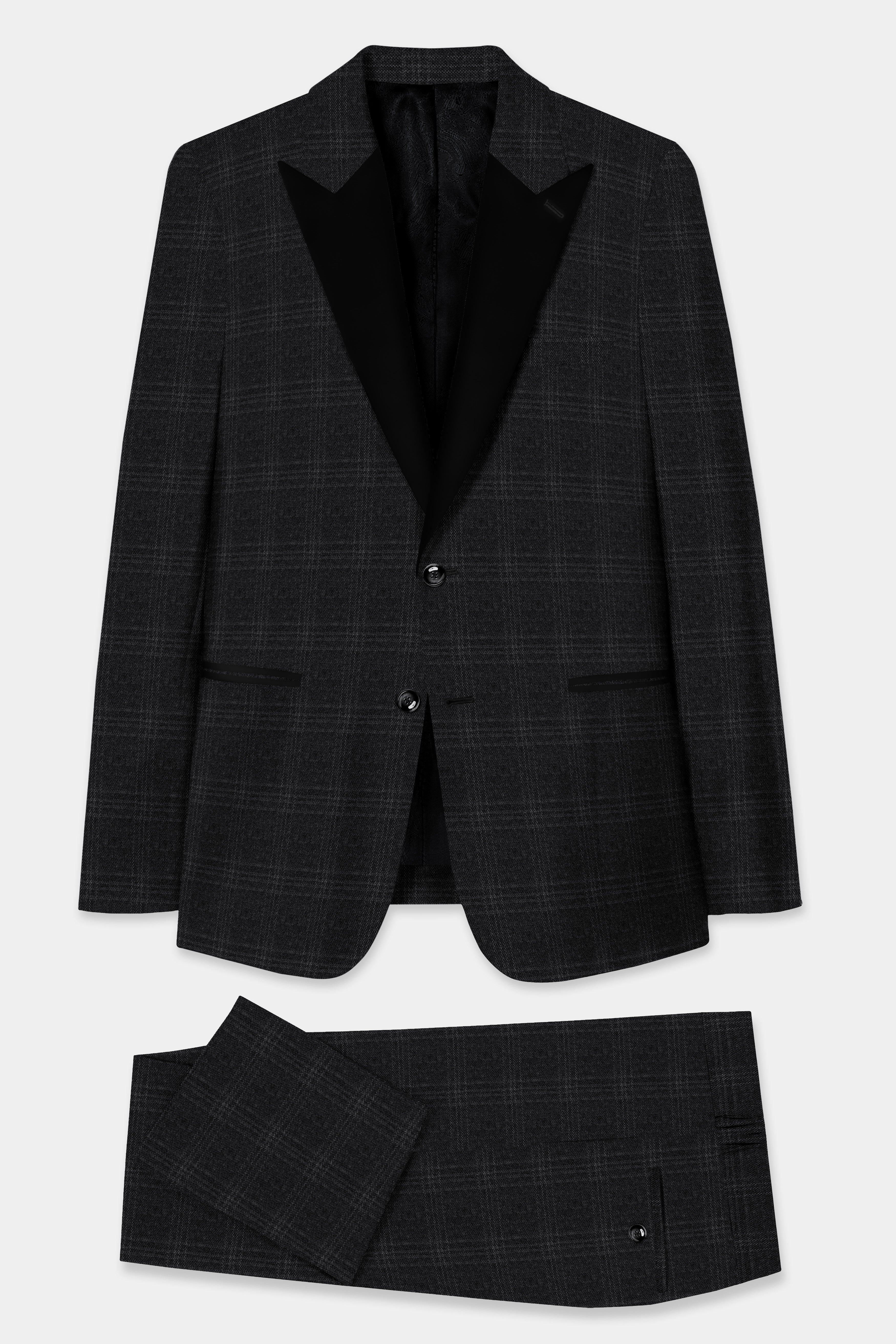 Shark Black Windowpane Wool Rich Peak Collar Tuxedo Suit