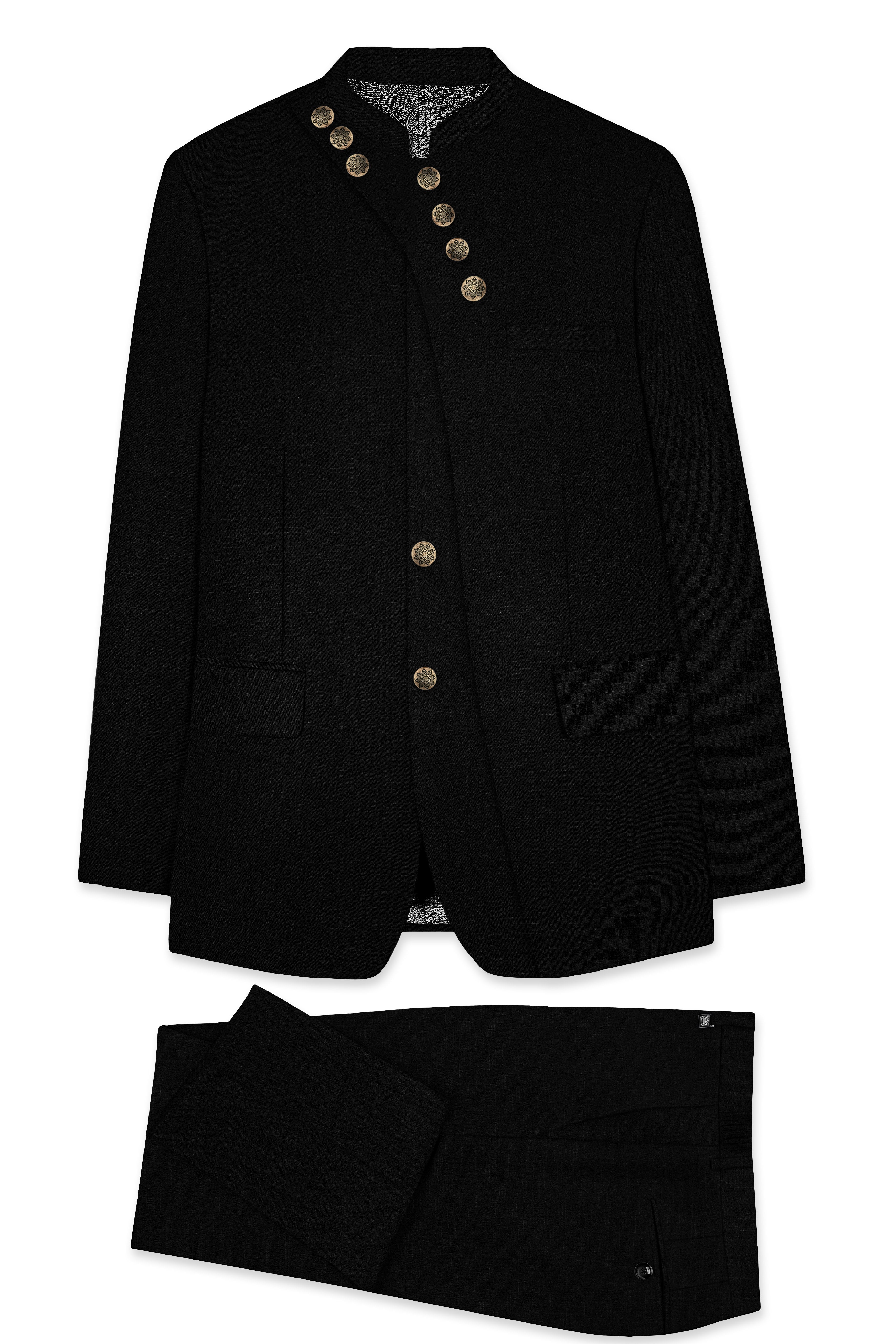 Jade Black Stretchable Subtle Sheen Cross Placket Bandhgala/Mandarin wool blend Designer Suit