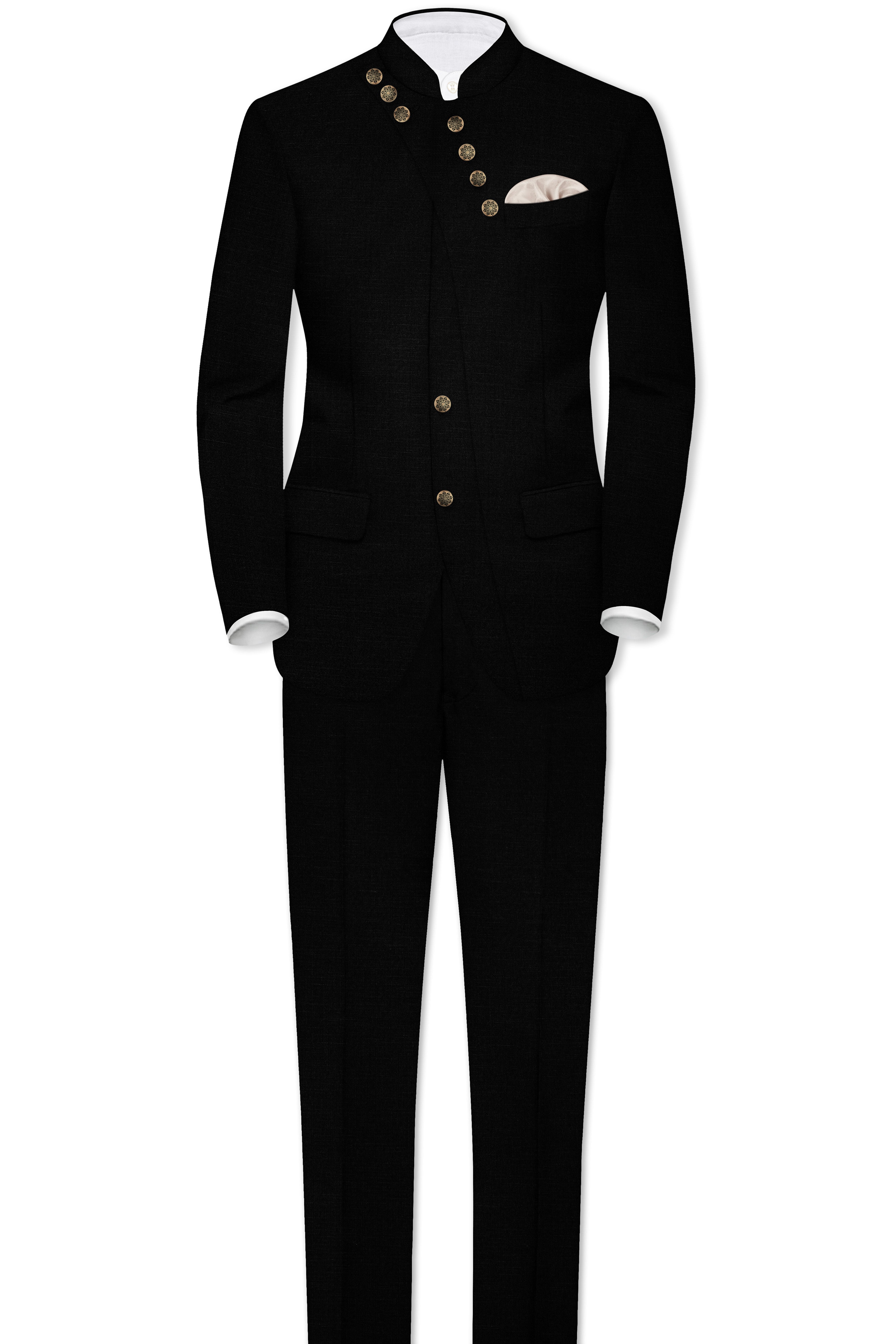 Jade Black Stretchable Subtle Sheen Cross Placket Bandhgala/Mandarin wool blend Designer Suit