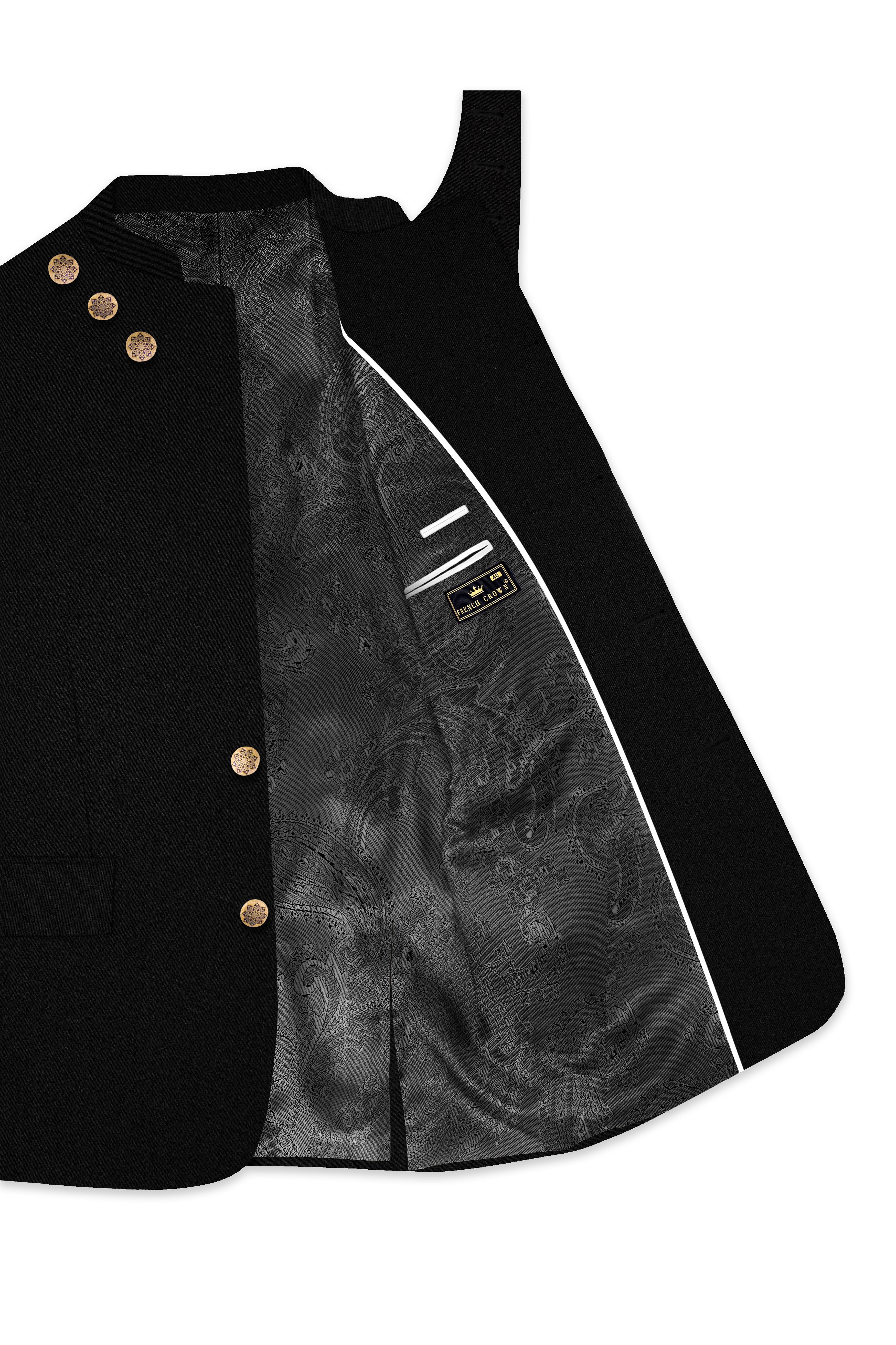 Jade Black Stretchable Subtle Sheen Cross Placket Bandhgala/Mandarin wool blend Designer Suit