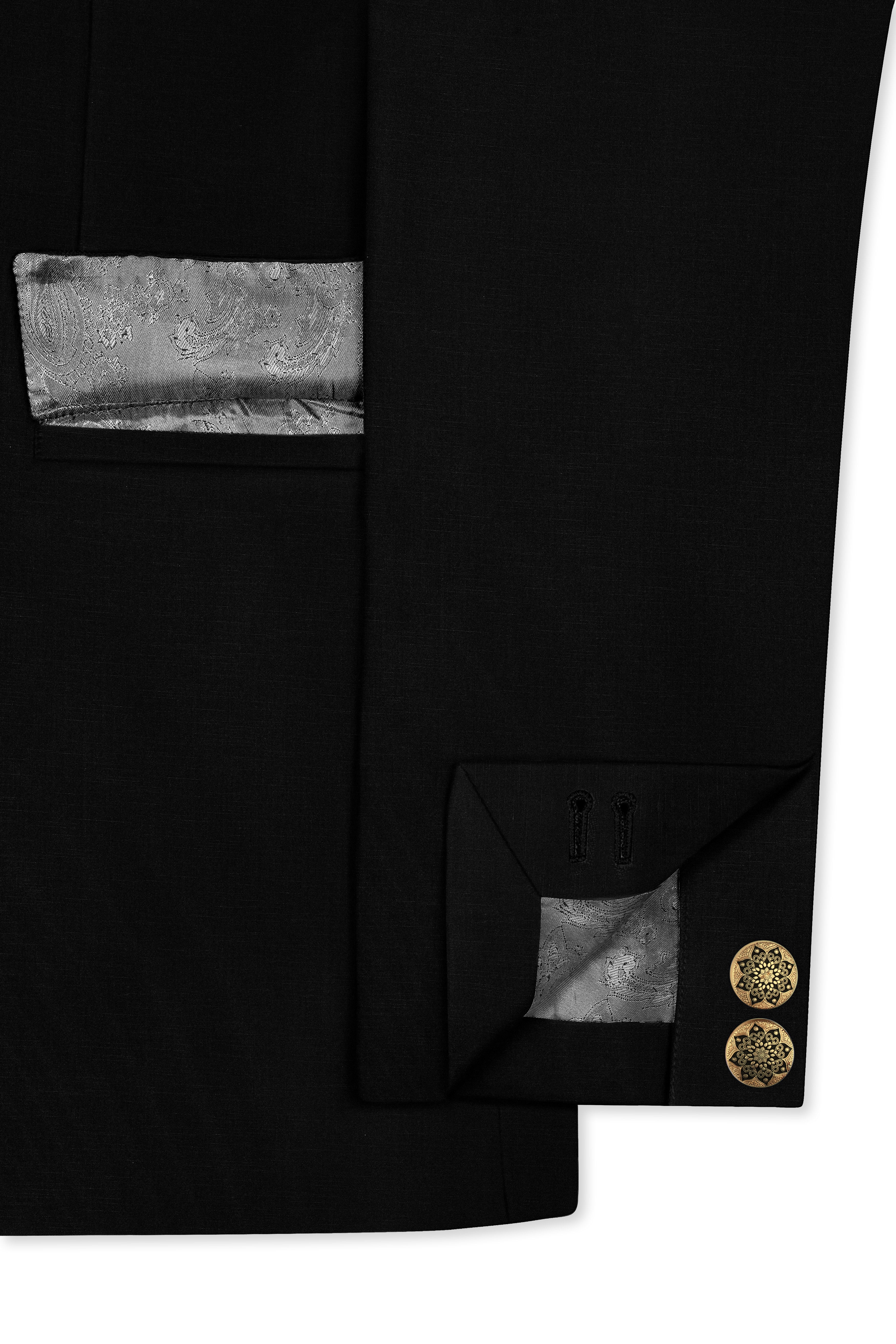 Jade Black Stretchable Subtle Sheen Cross Placket Bandhgala/Mandarin wool blend Designer Suit