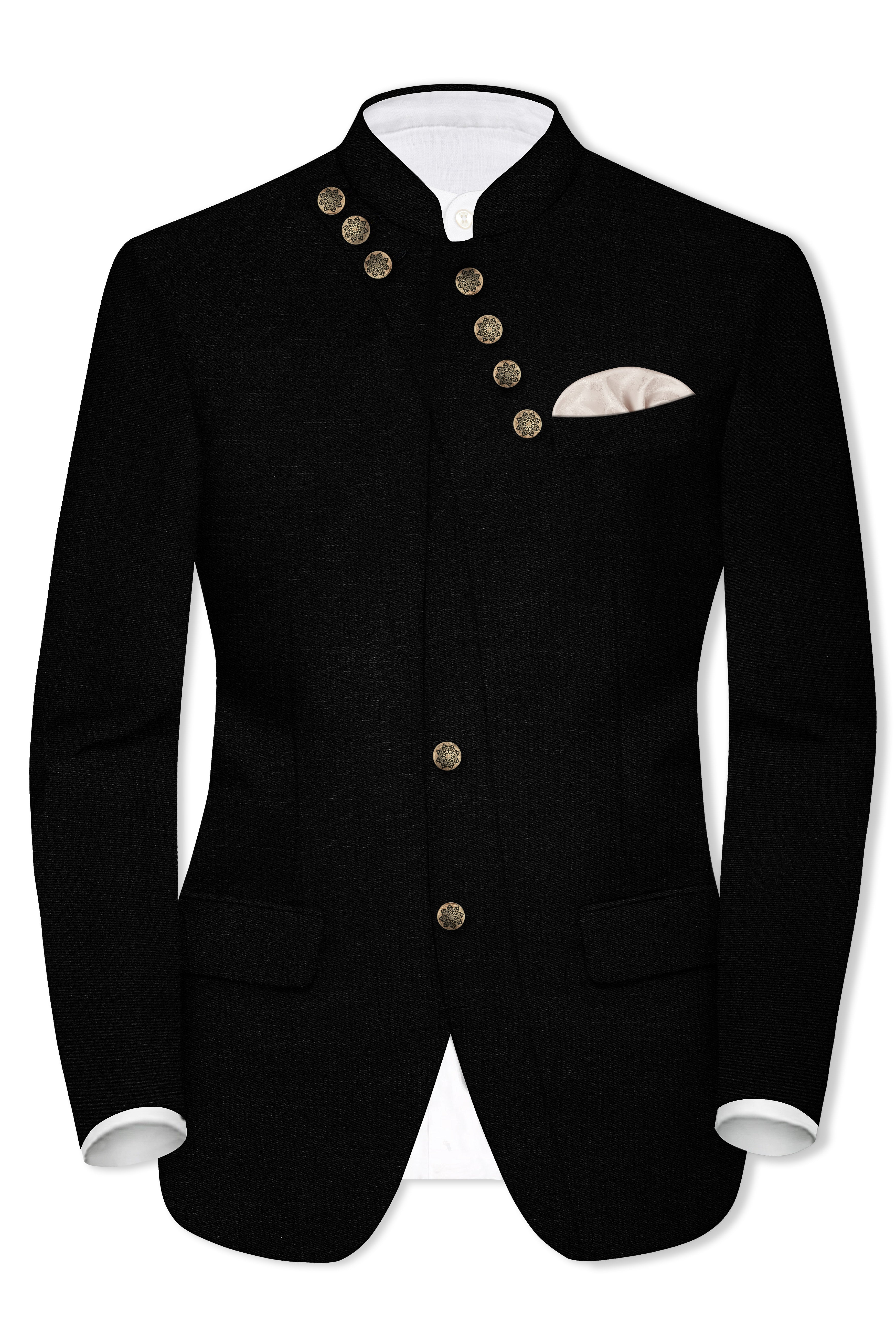 Jade Black Stretchable Subtle Sheen Cross Placket Bandhgala/Mandarin wool blend Designer Suit