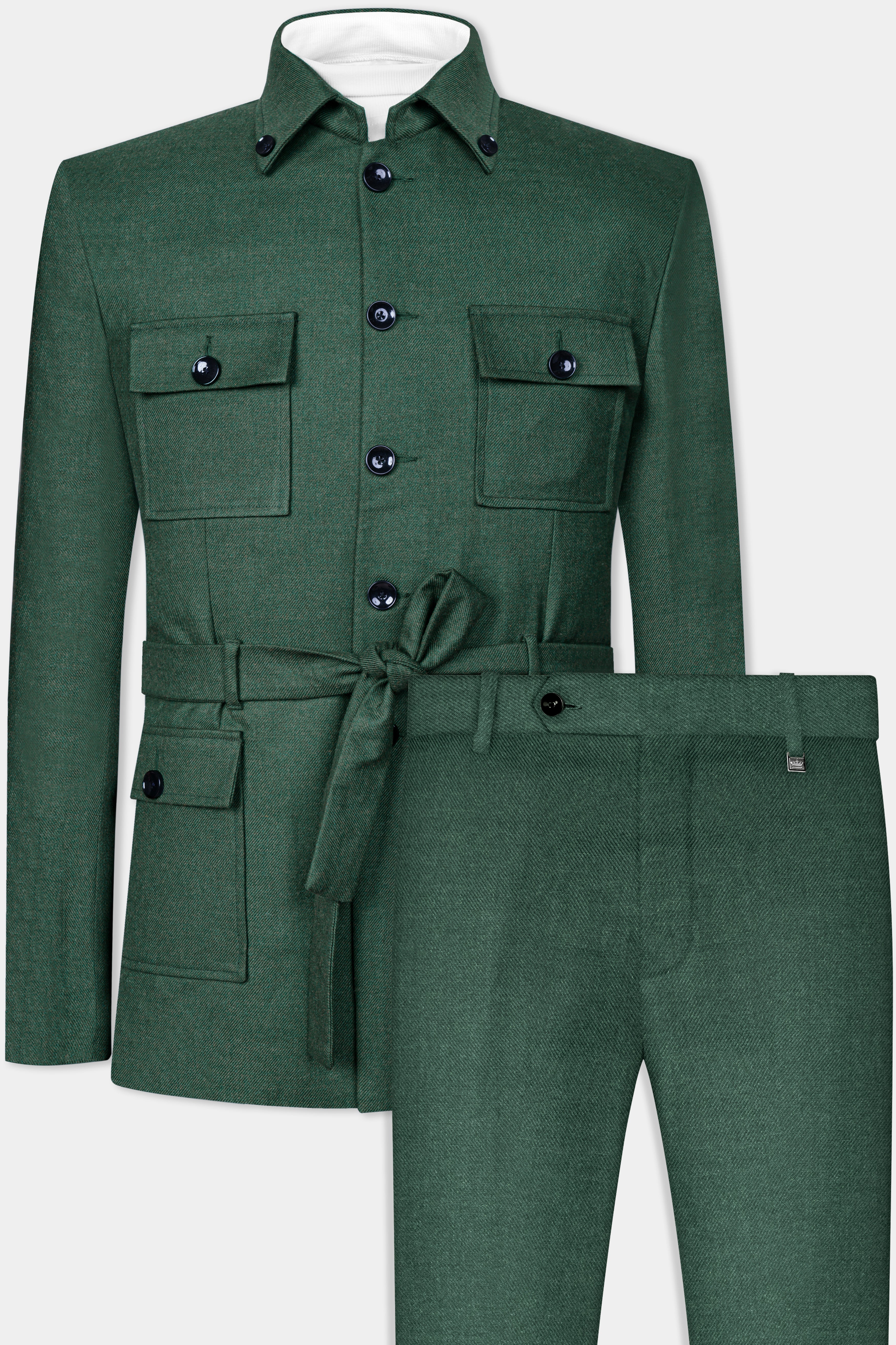 Plantation Green Tweed Designer Jacket Suit With Functional Belt Fastening