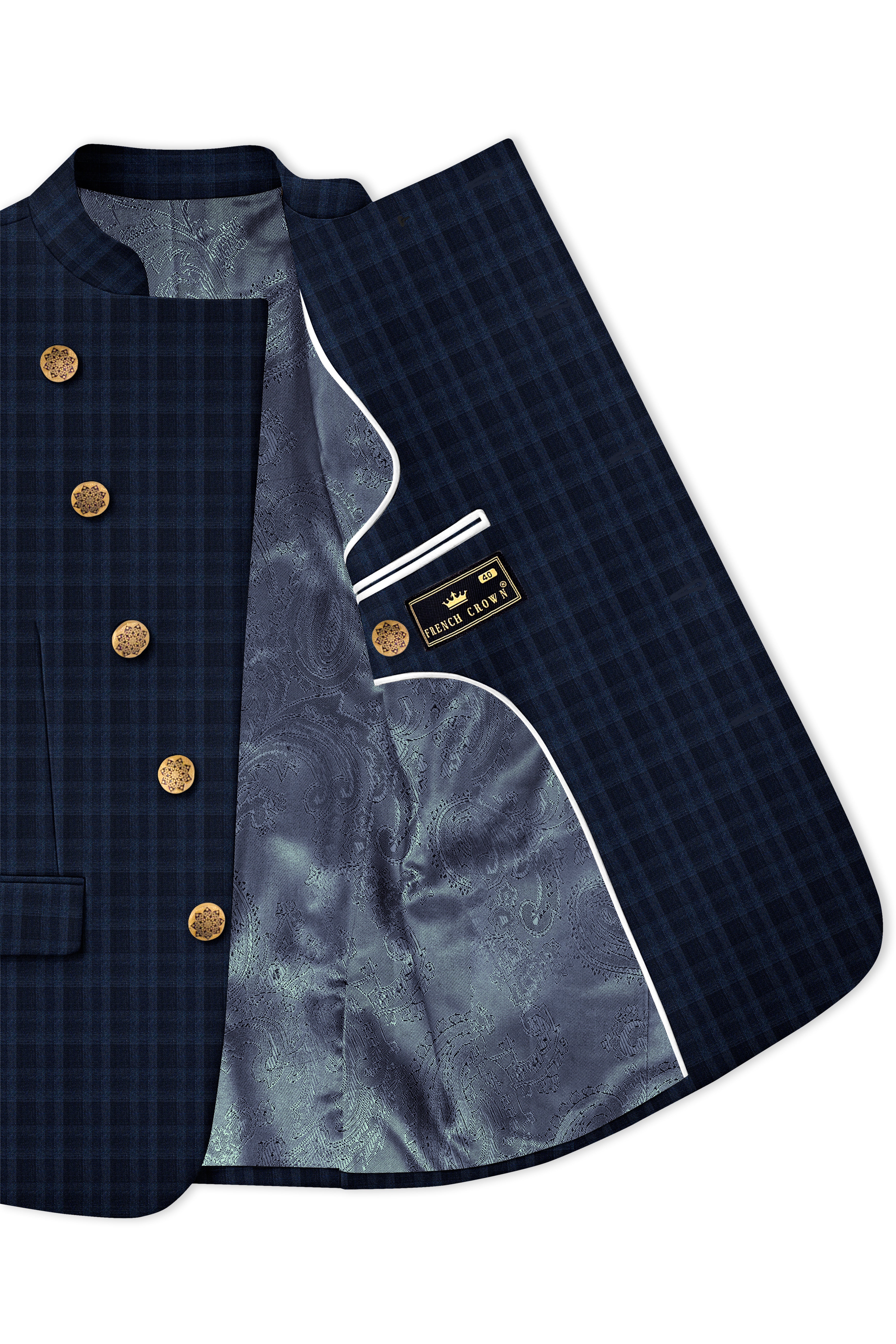 Baltic Blue Plaid Wool Rich Cross Placket Bandhgala Suit