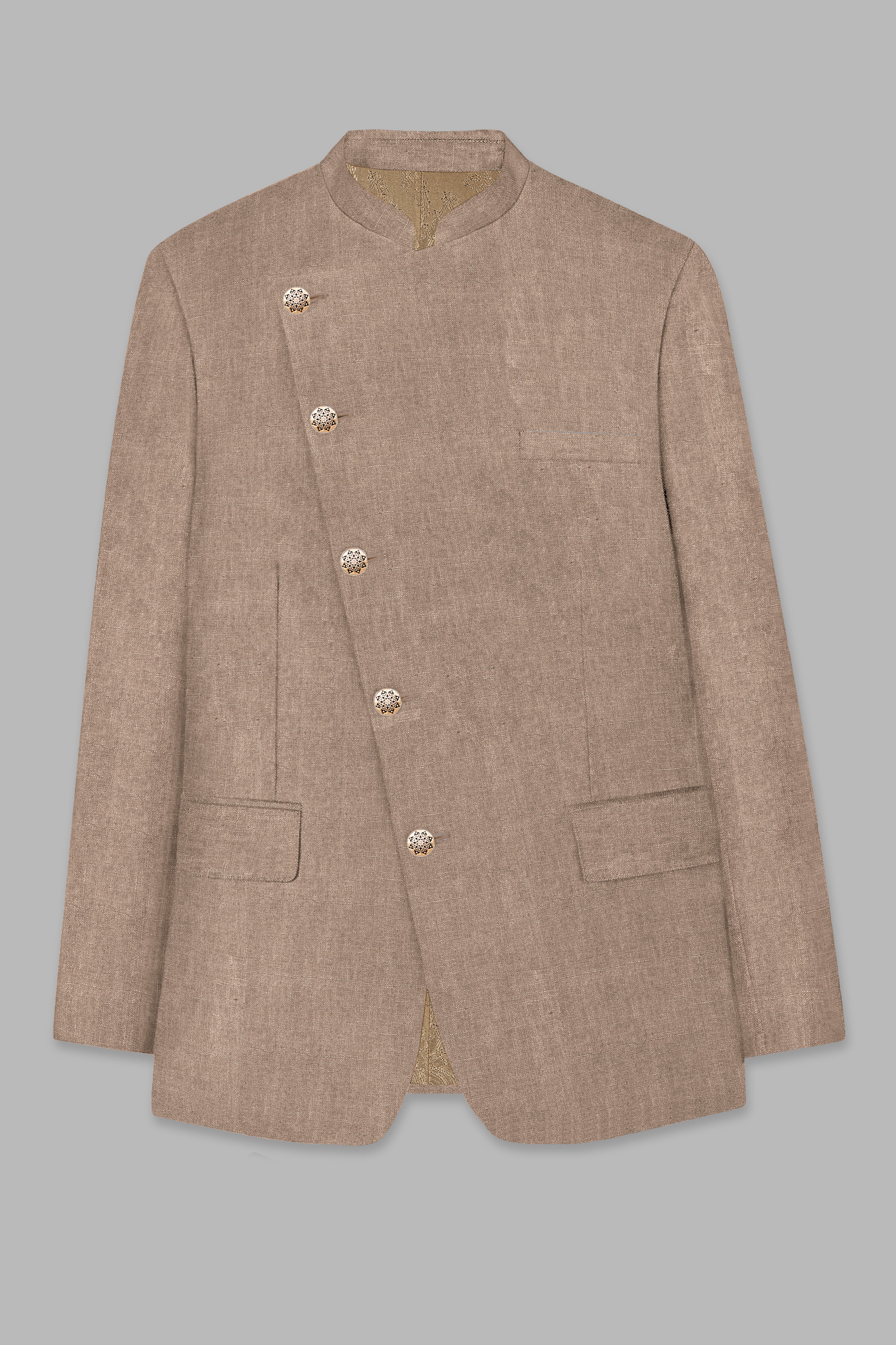 Beaver Brown Cross Placket Bandhgala Luxurious Linen Suit