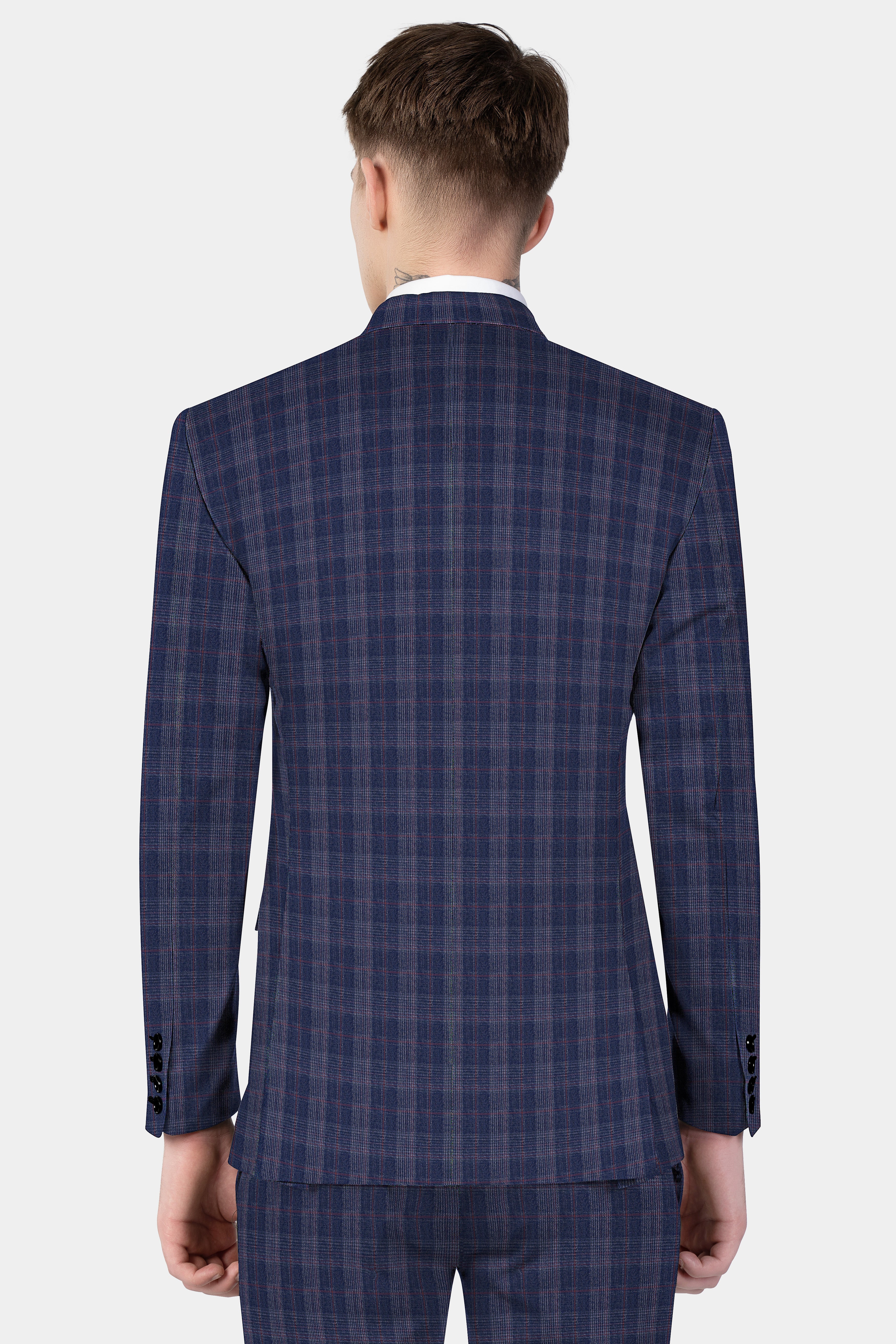 Tuna Blue Checkered Wool Blend Double Breasted Suit