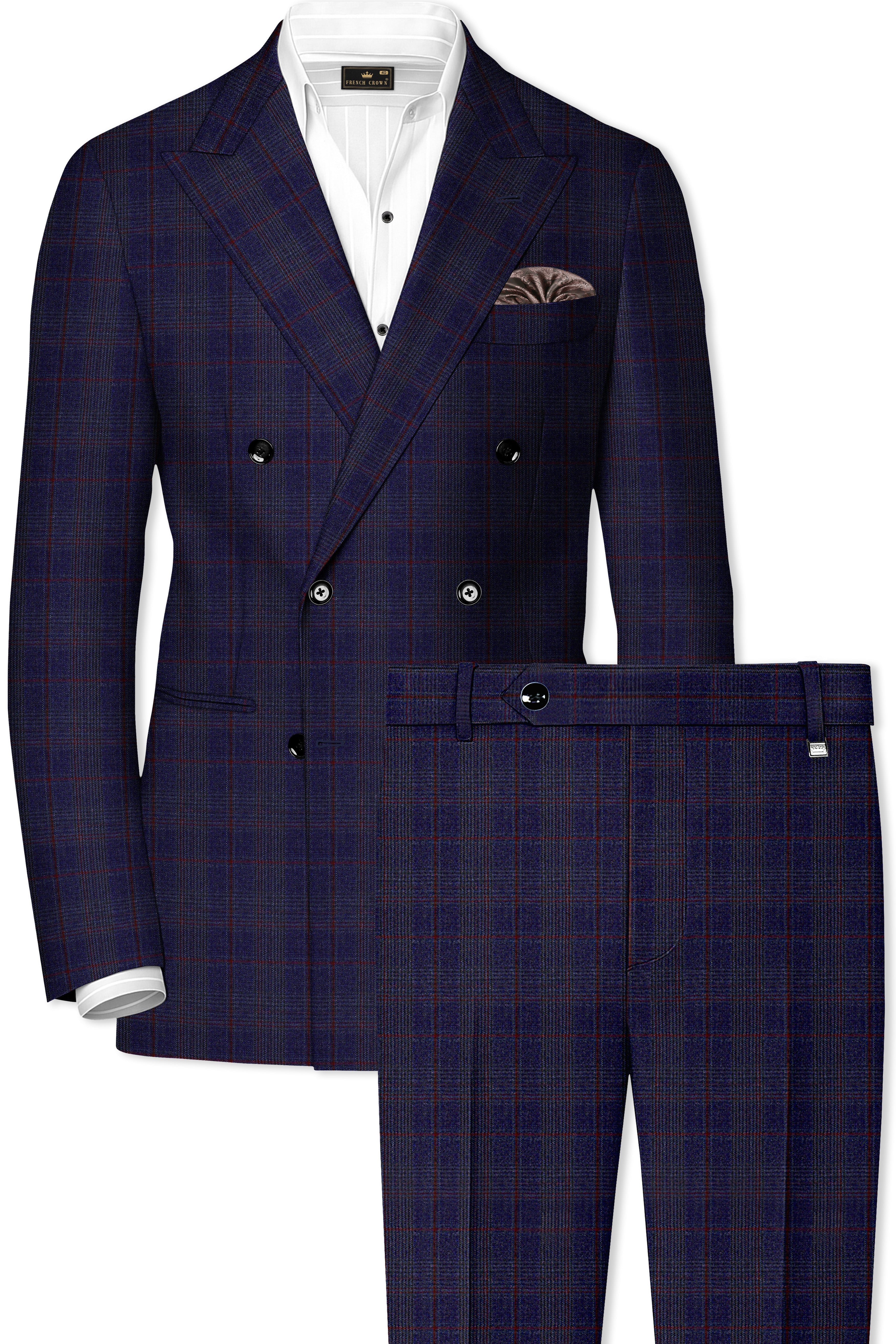 Tuna Blue Checkered Wool Blend Double Breasted Suit