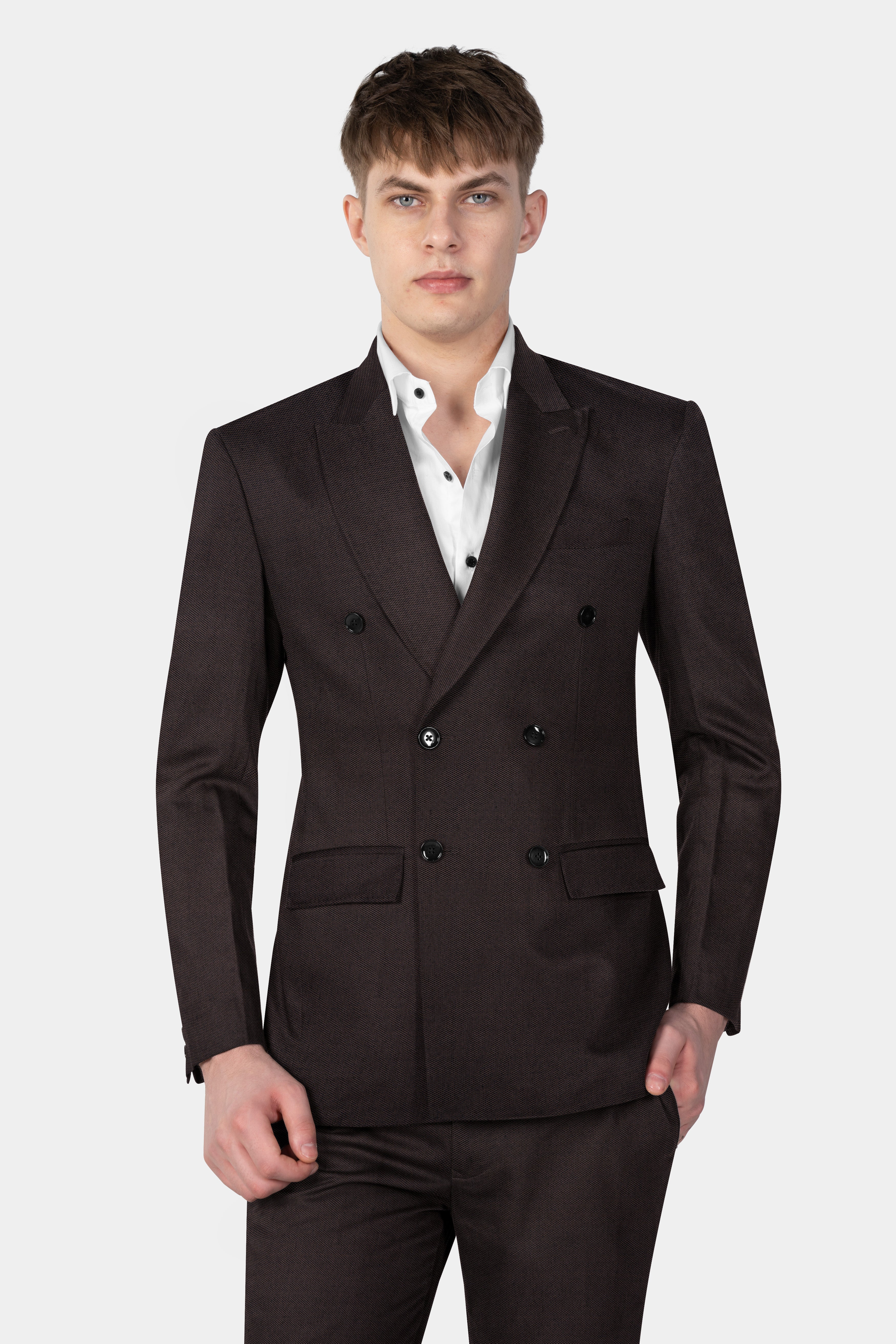 Zeus Brown Dobby Textured Wool Blend Double Breasted Suit