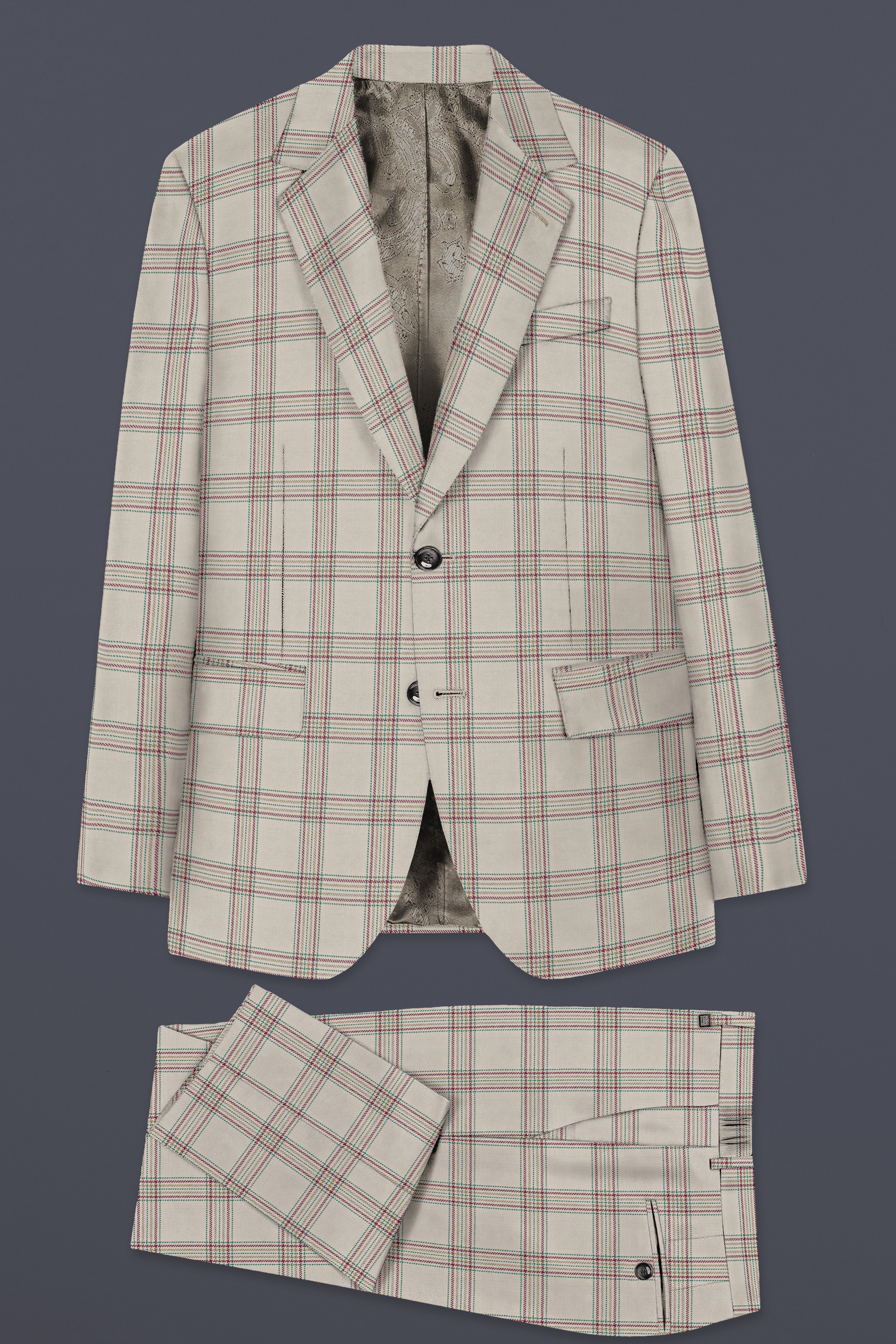 Swirl Cream with Maroon and Green windowpane Tweed Suit