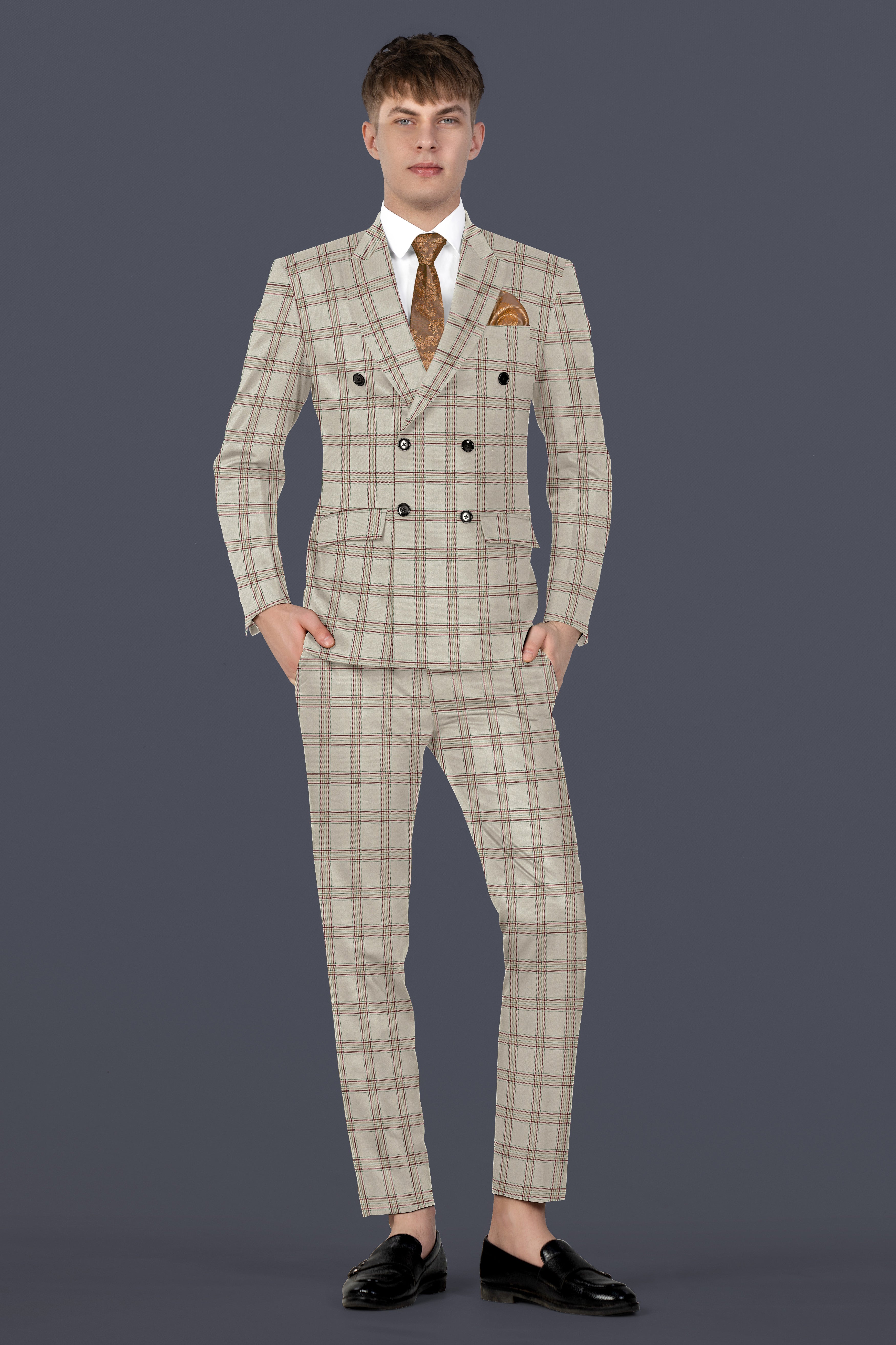 Swirl Cream with Maroon and Green windowpane Tweed Double Breasted Suit