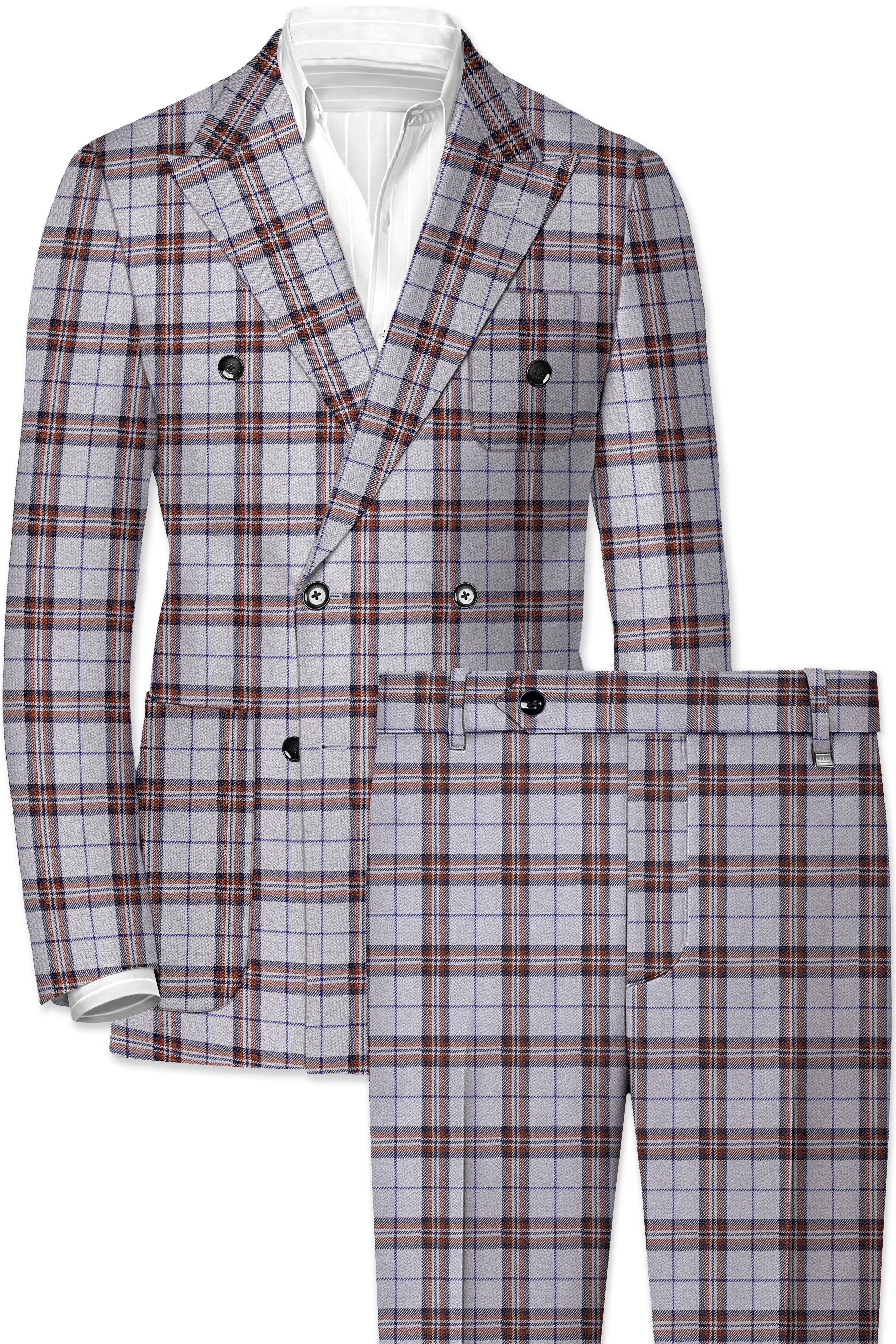 Cadet Grey with Maroon and Blue Plaid Double Breasted Tweed Suit