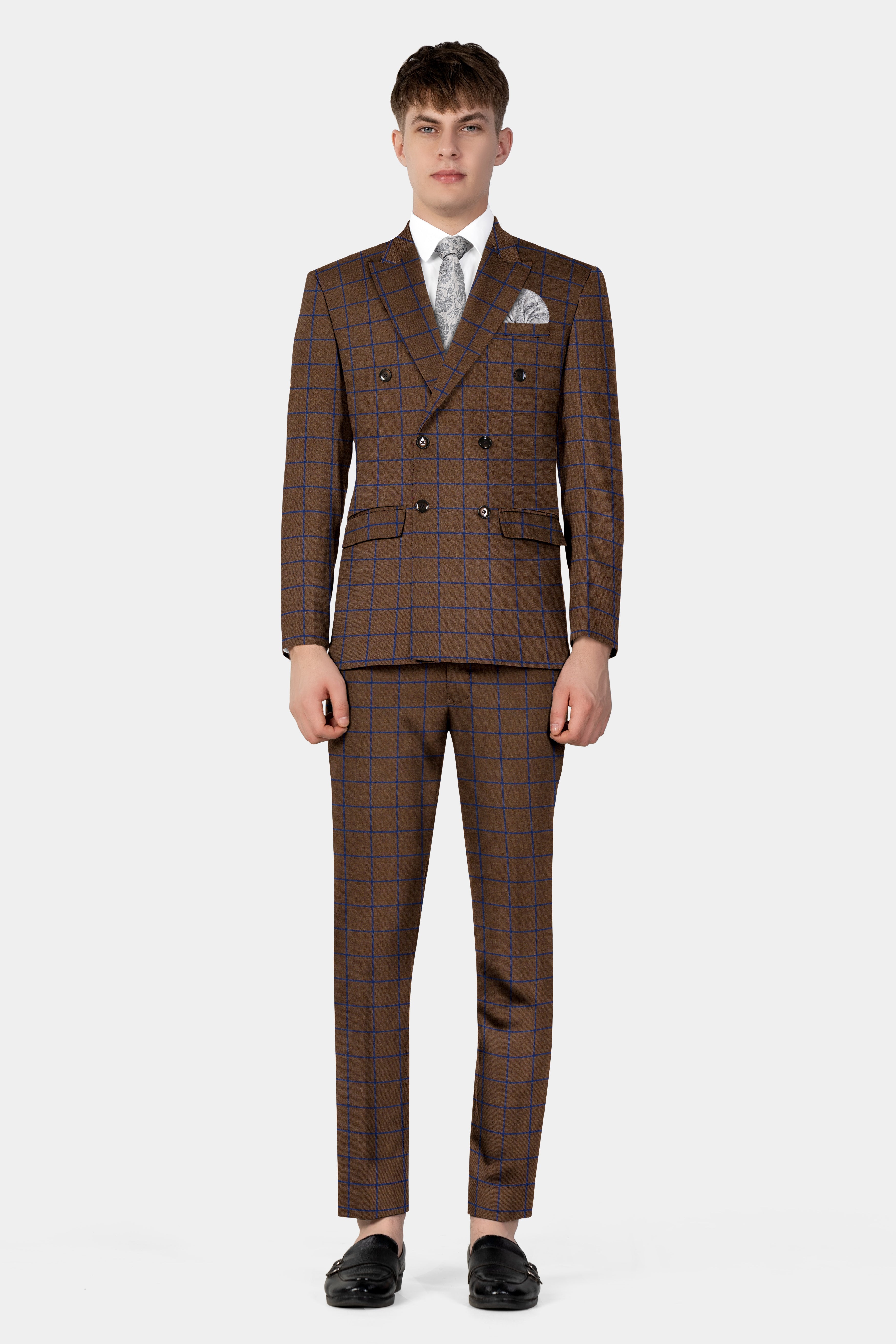 Bistre Brown with Catalina Blue Windowpane Double Breasted Tweed Suit