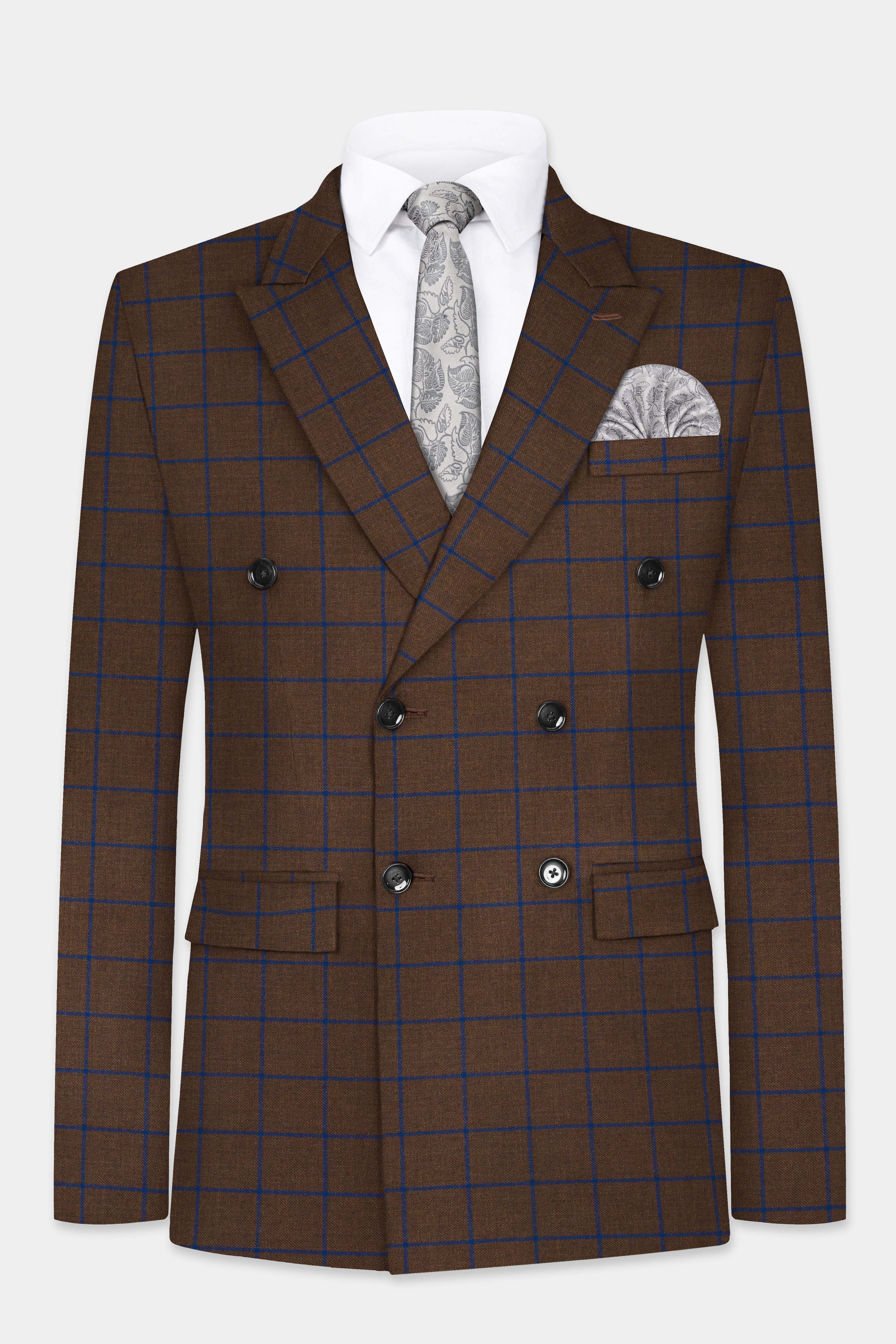 Bistre Brown with Catalina Blue Windowpane Double Breasted Tweed Suit