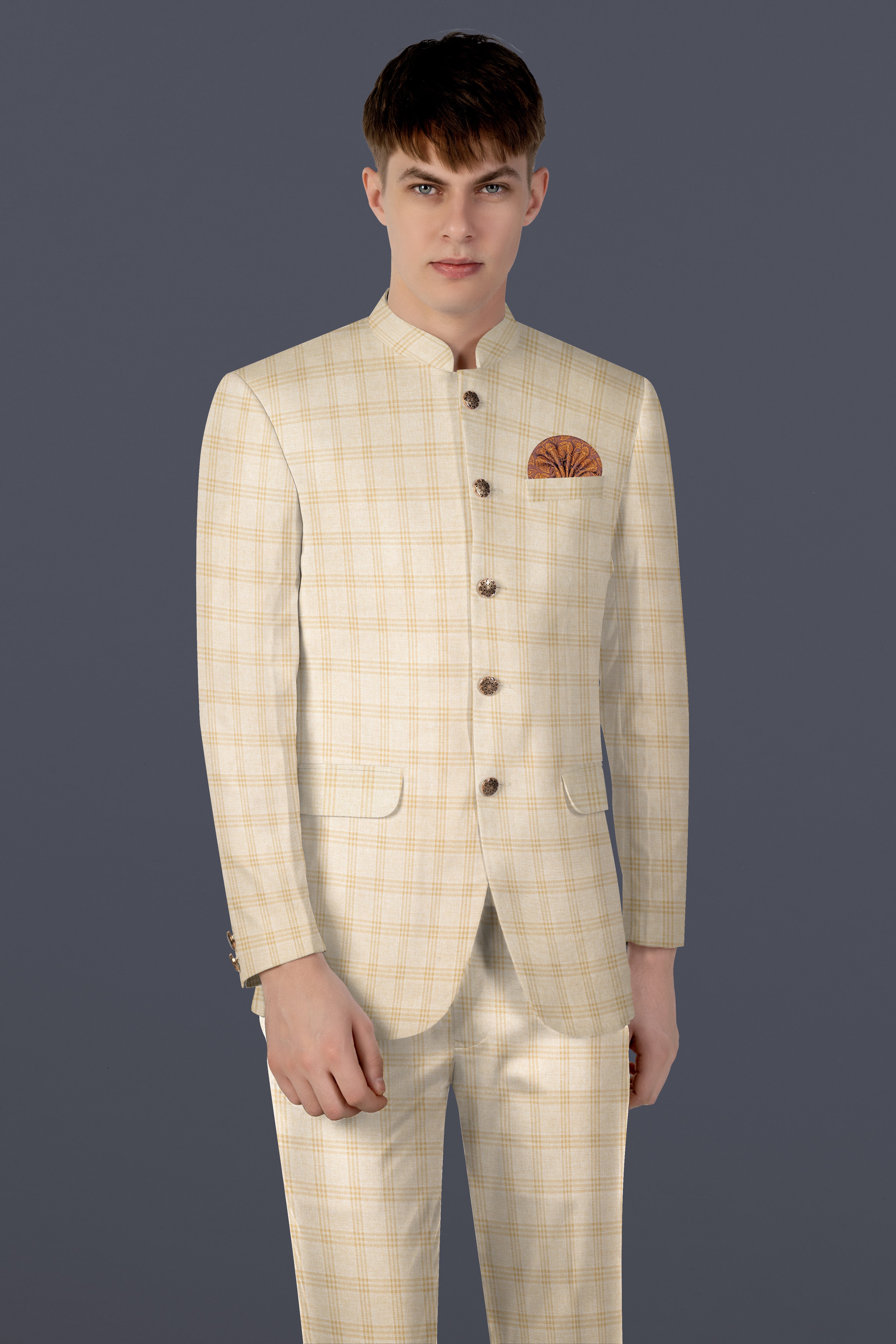 Bizarre Cream Windowpane Bandhgala Suit