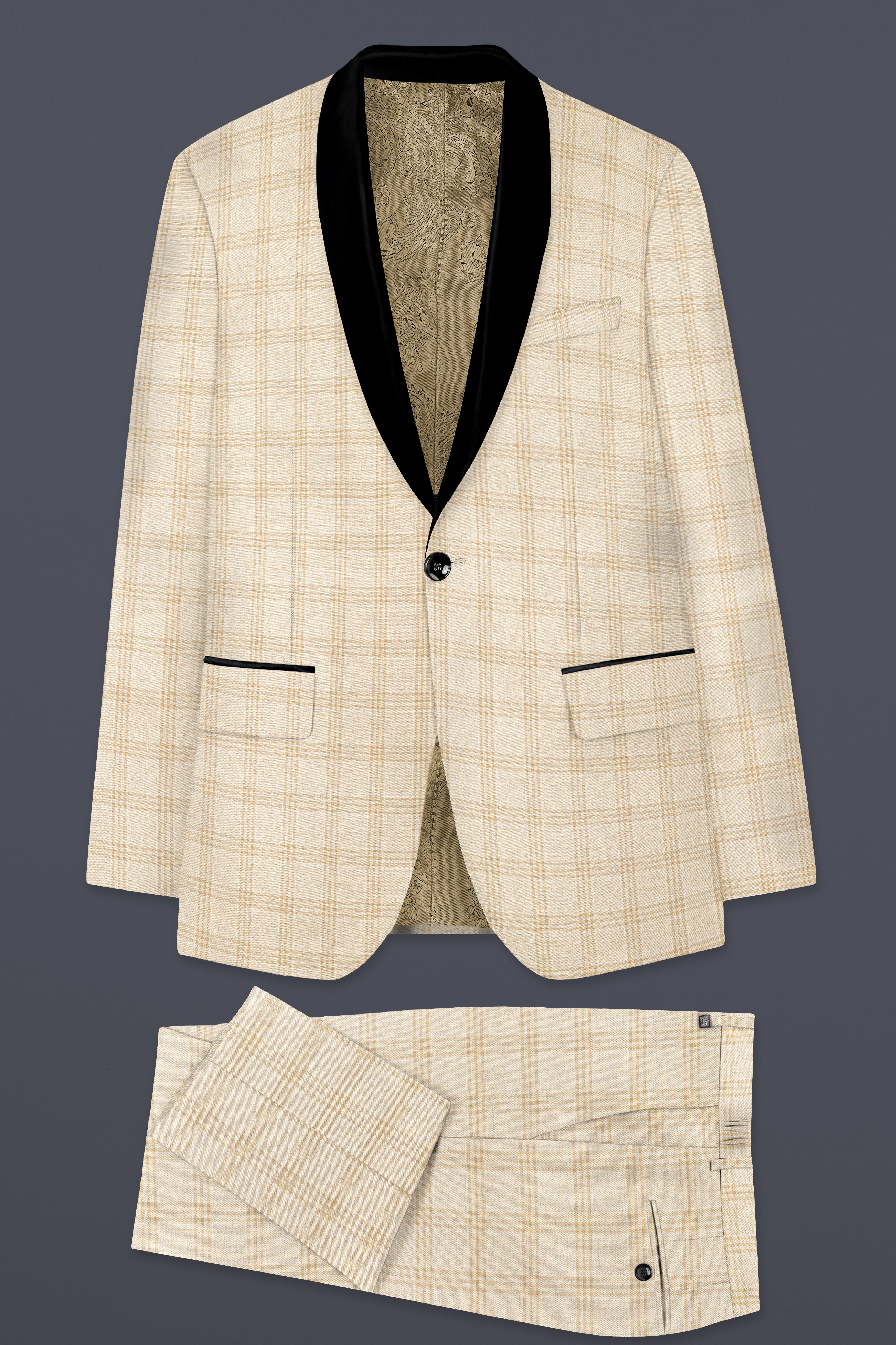 Bizarre Cream Windowpane Tuxedo Suit