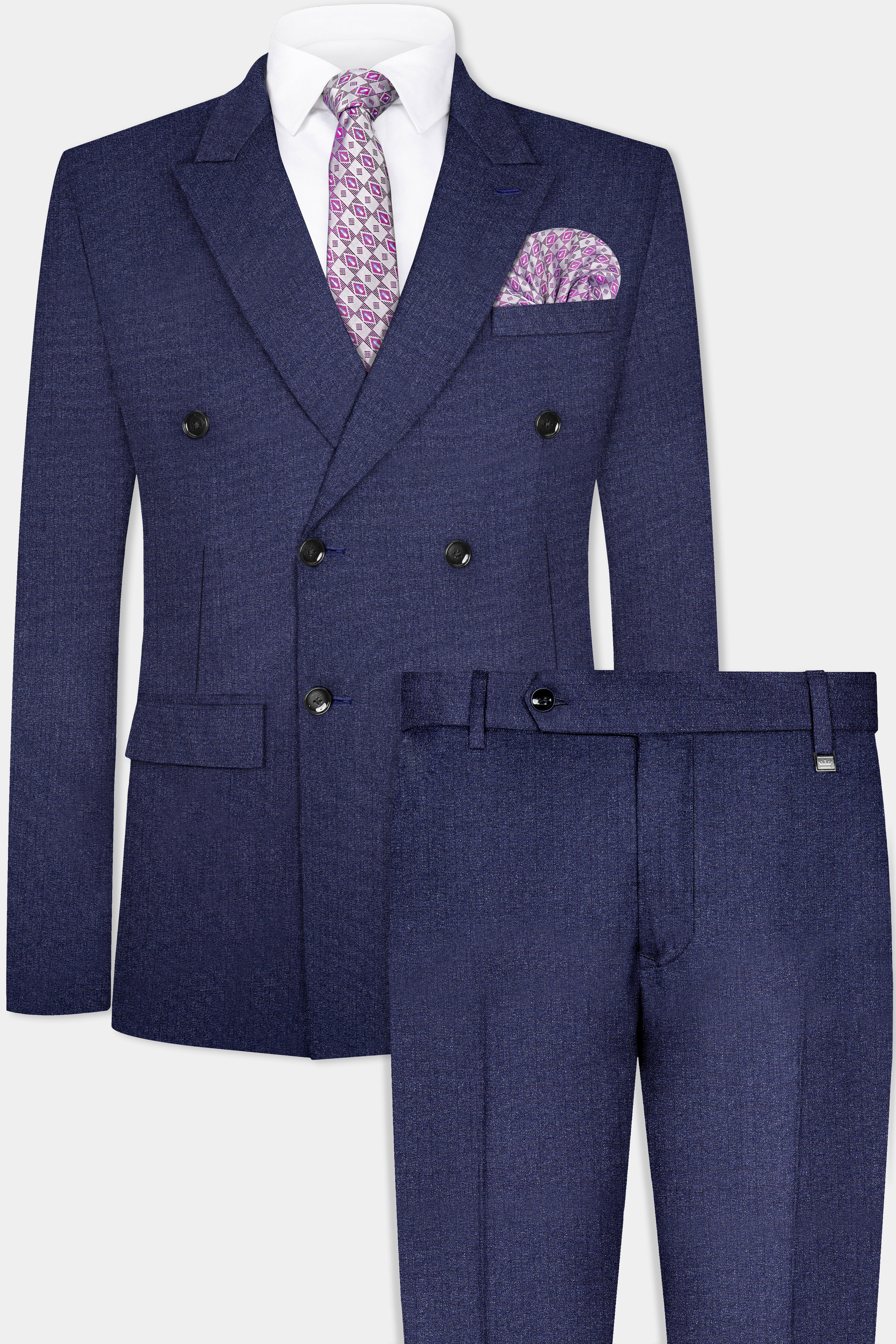 Ebony Clay Blue Textured Wool Blend Double Breasted Suit