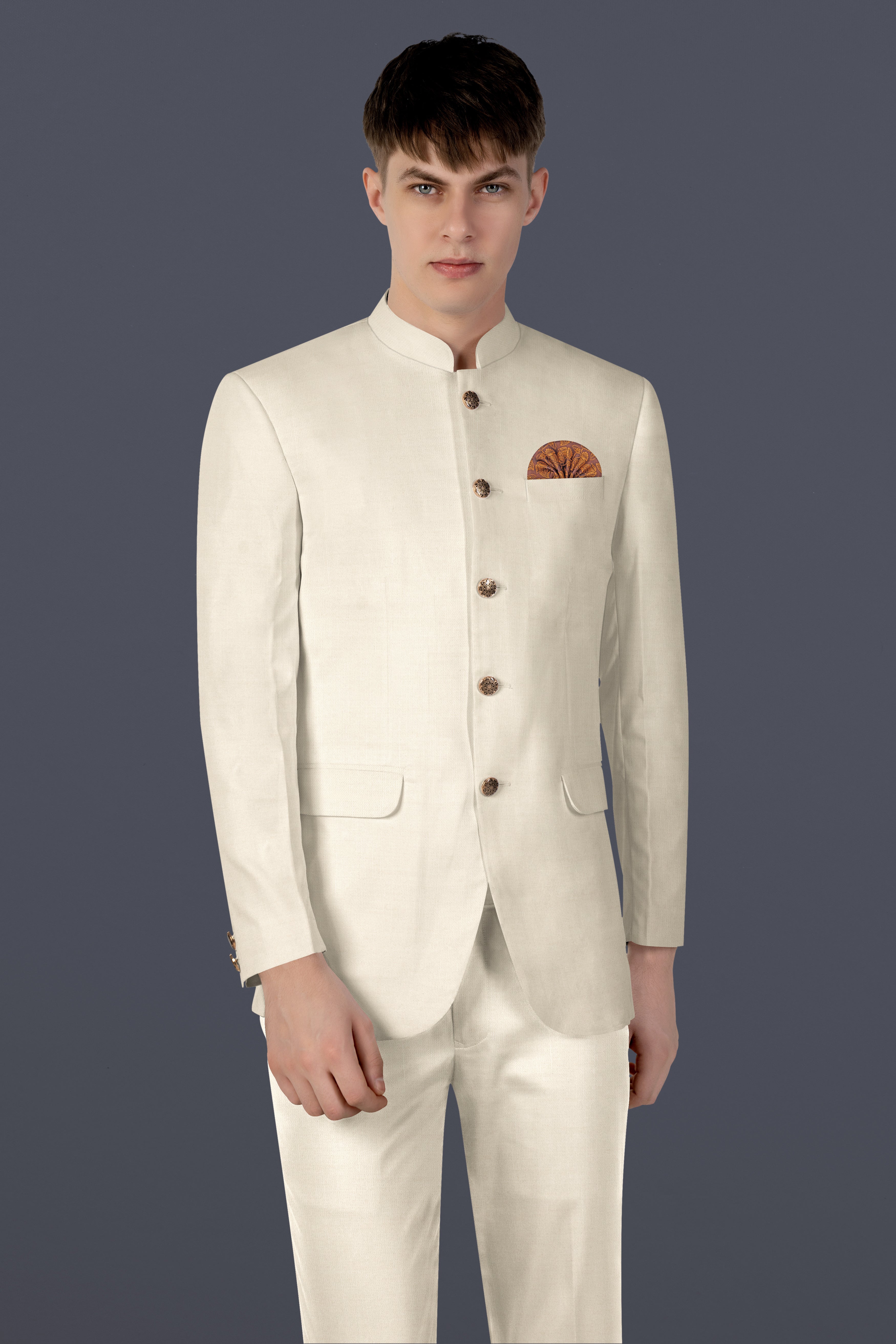 Moon Mist Cream Solid Wool Blend Bandhgala Suit