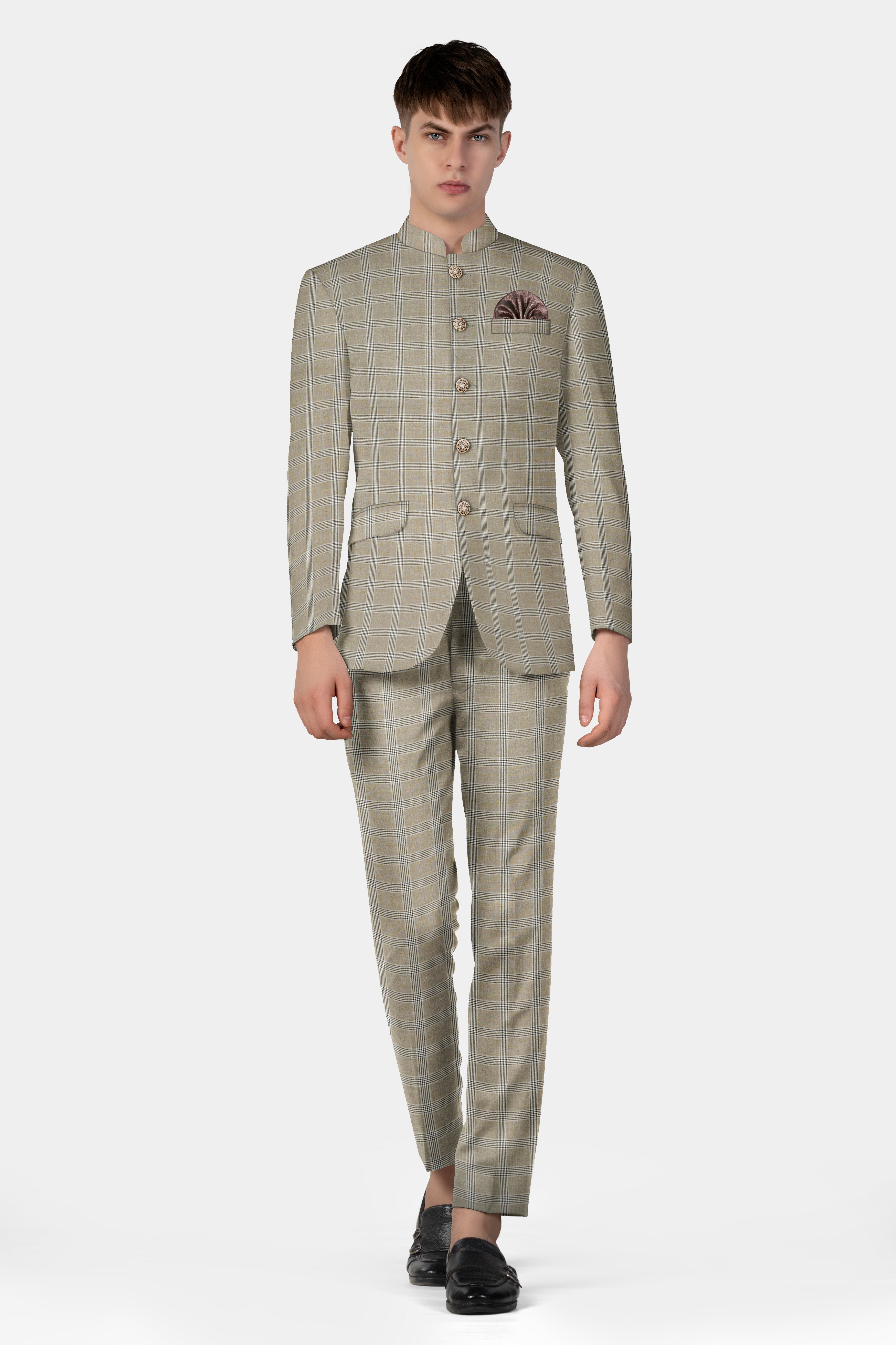 Sandrift Cream Plaid Wool Blend Bandhgala Suit