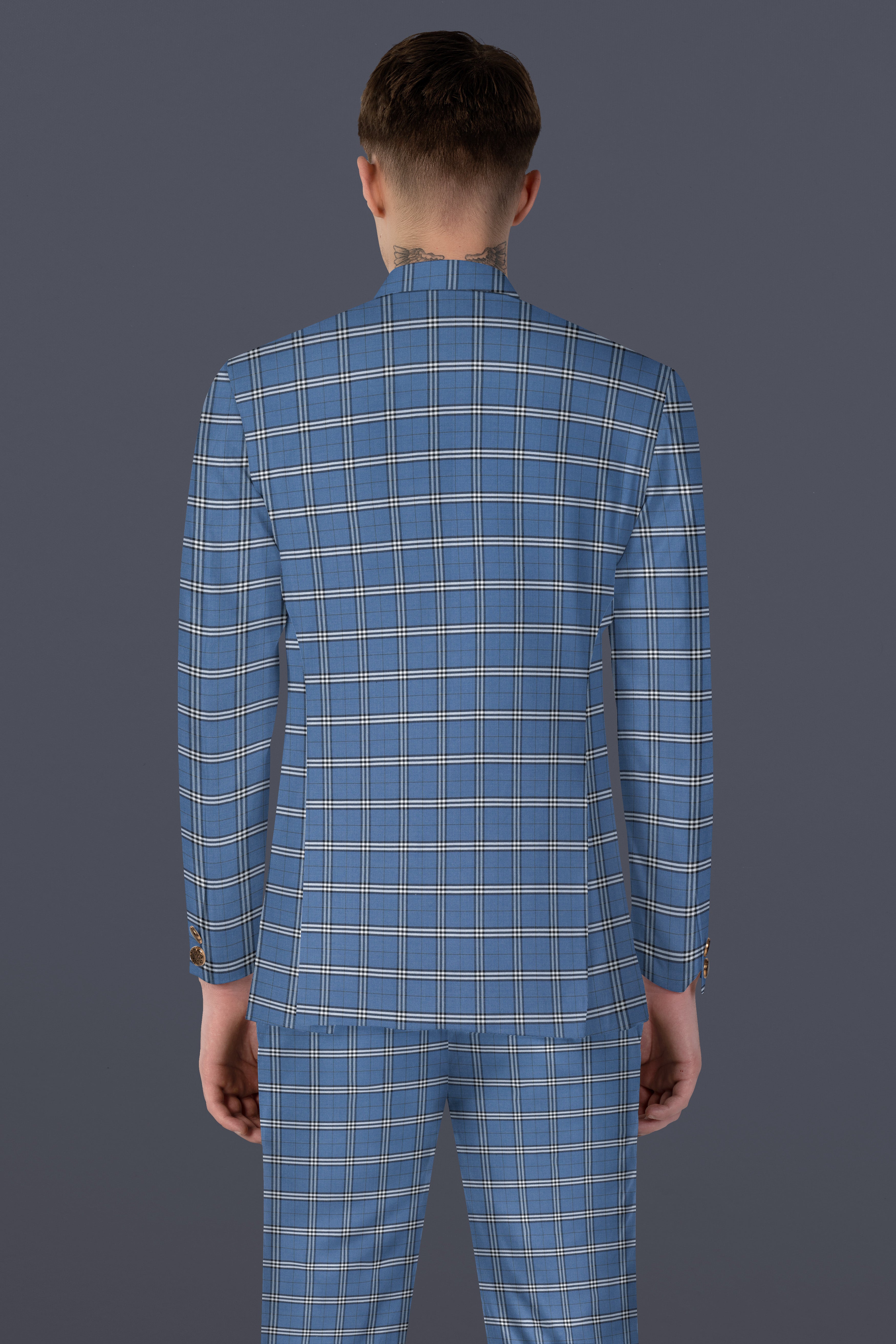 Metalic Blue Plaid Wool Blend Bandhgala Suit