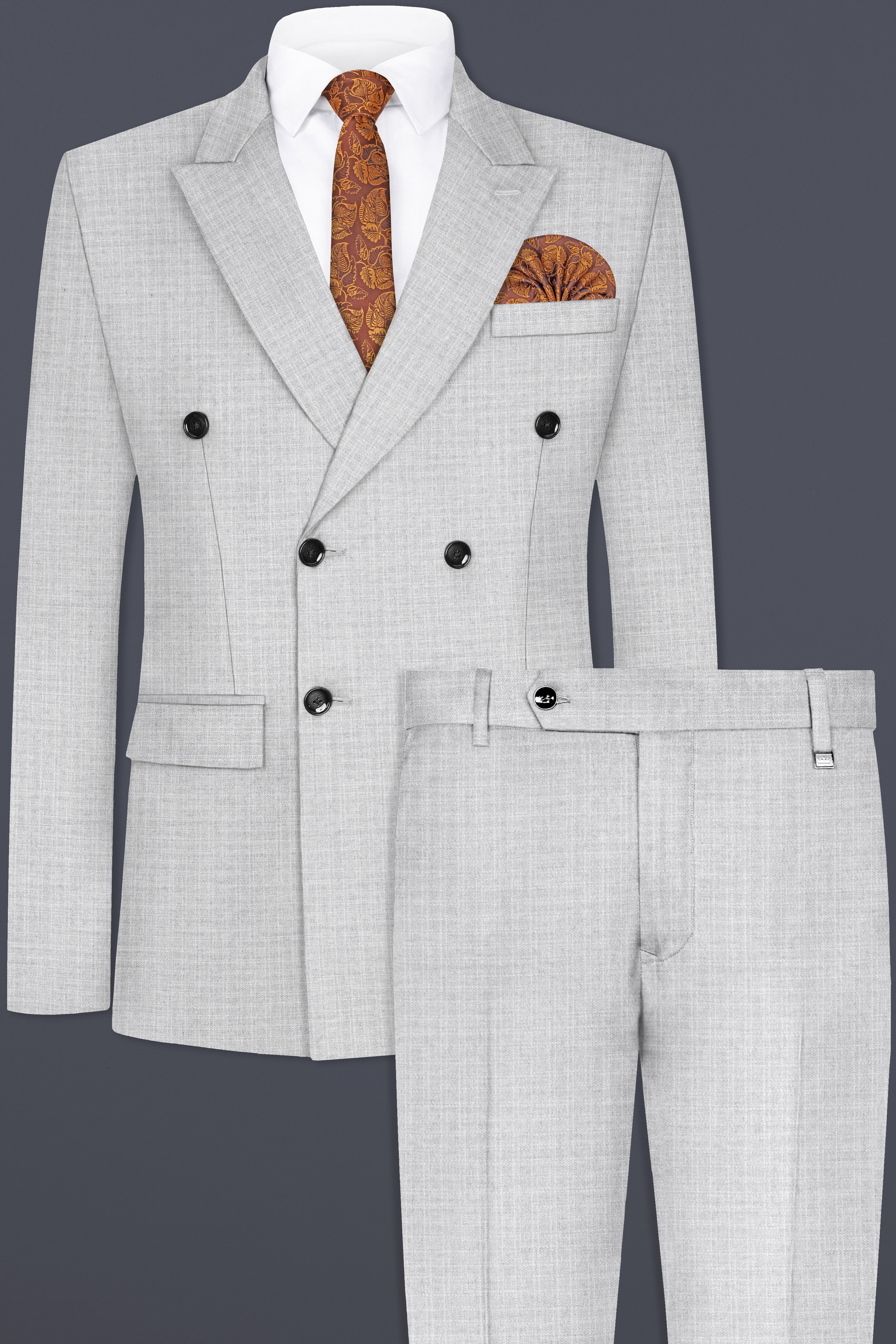 Pastel Gray Textured Wool Blend Double Breasted Suit