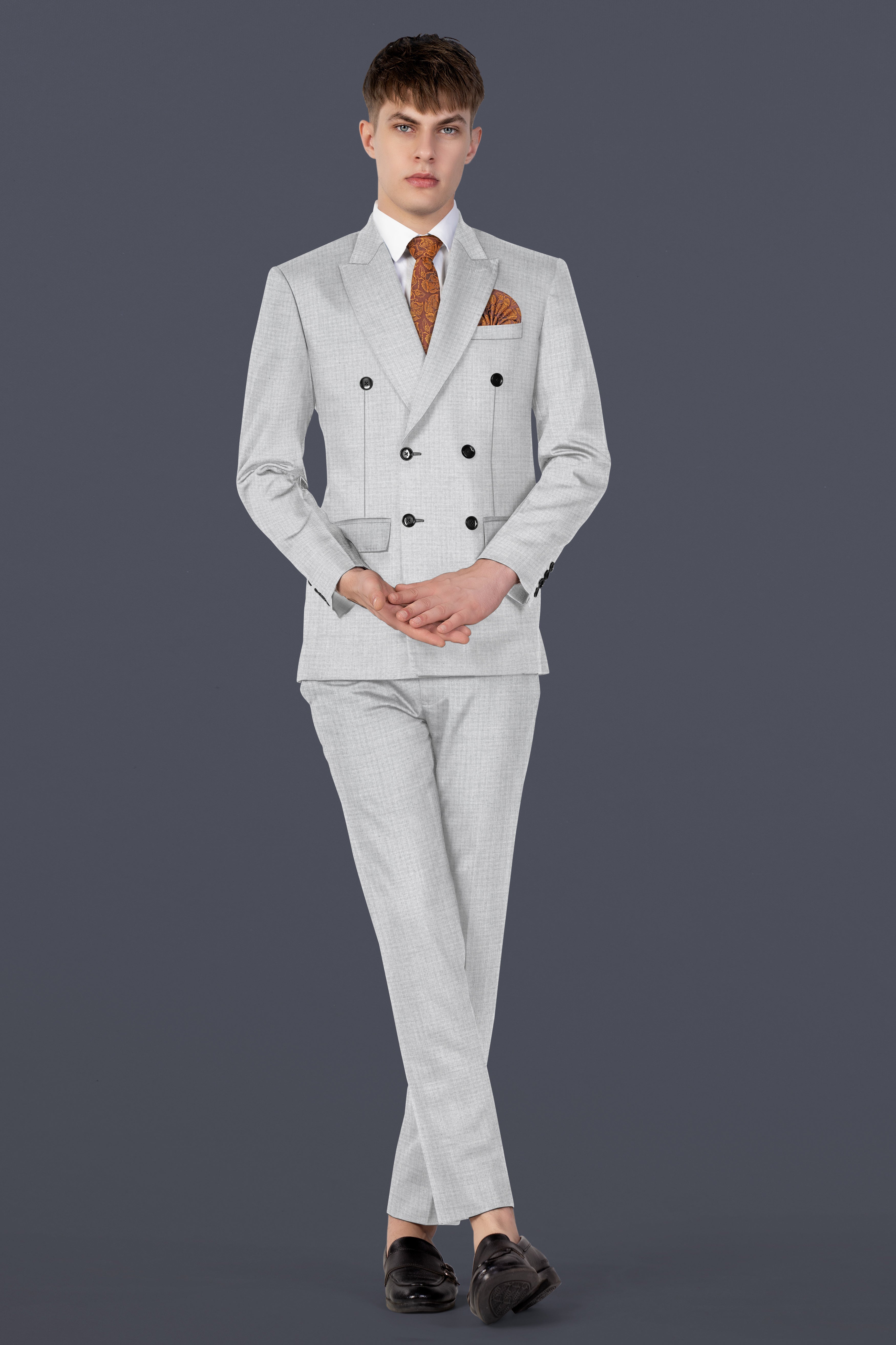 Pastel Gray Textured Wool Blend Double Breasted Suit