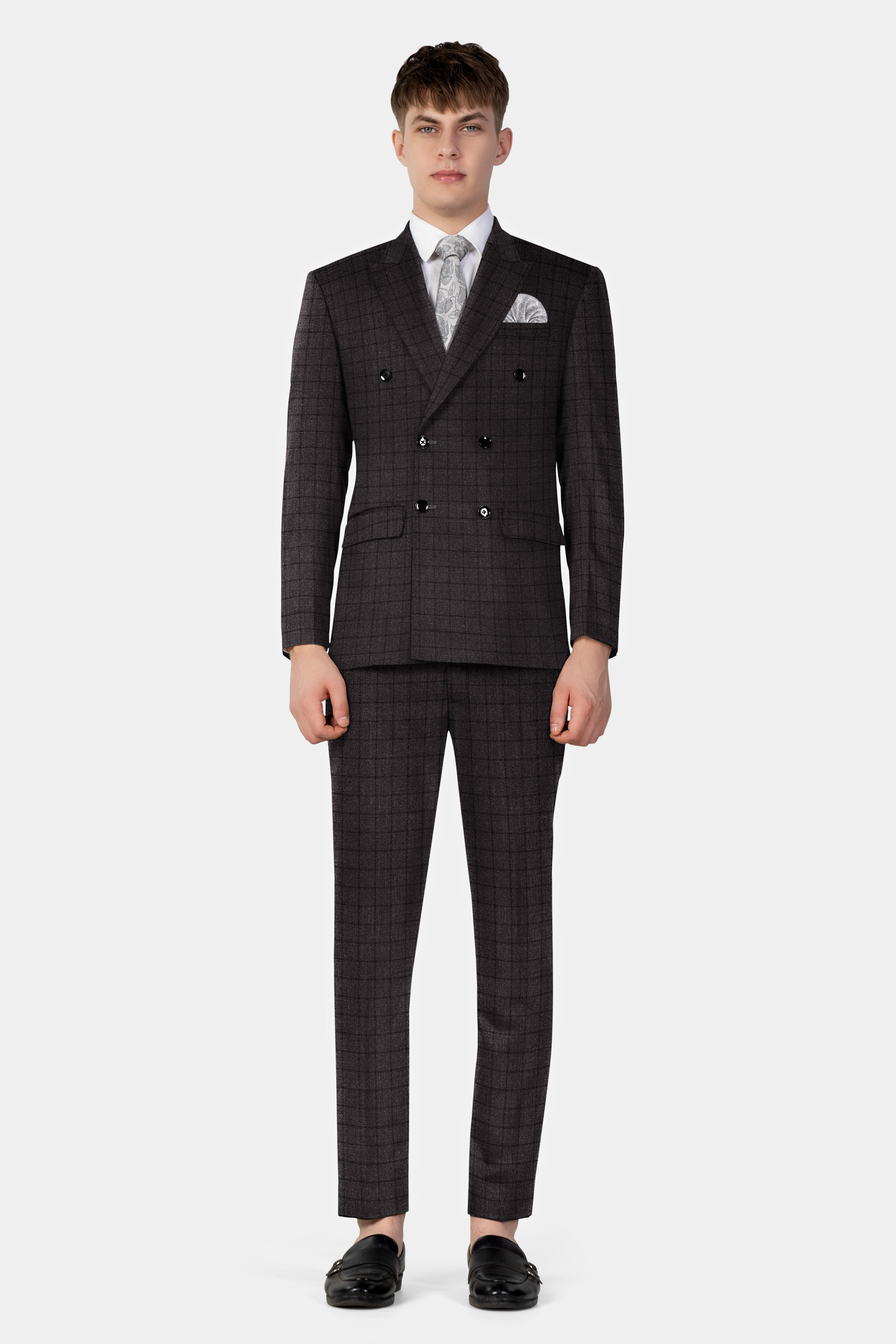 Thunder Gray Windowpane Tweed Double Breasted Suit