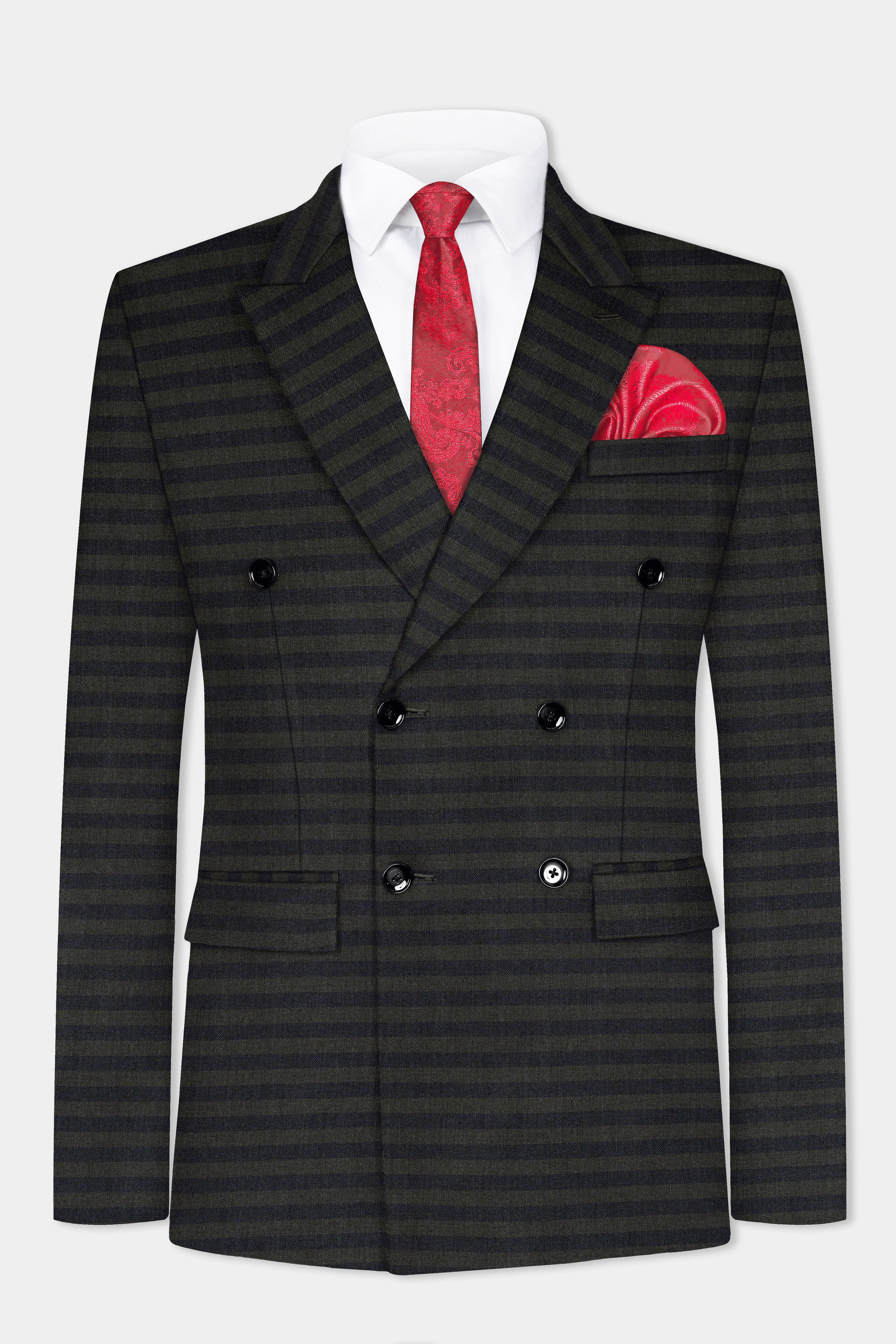 Heavy Green with Black Striped Wool Blend Double Breasted Suit