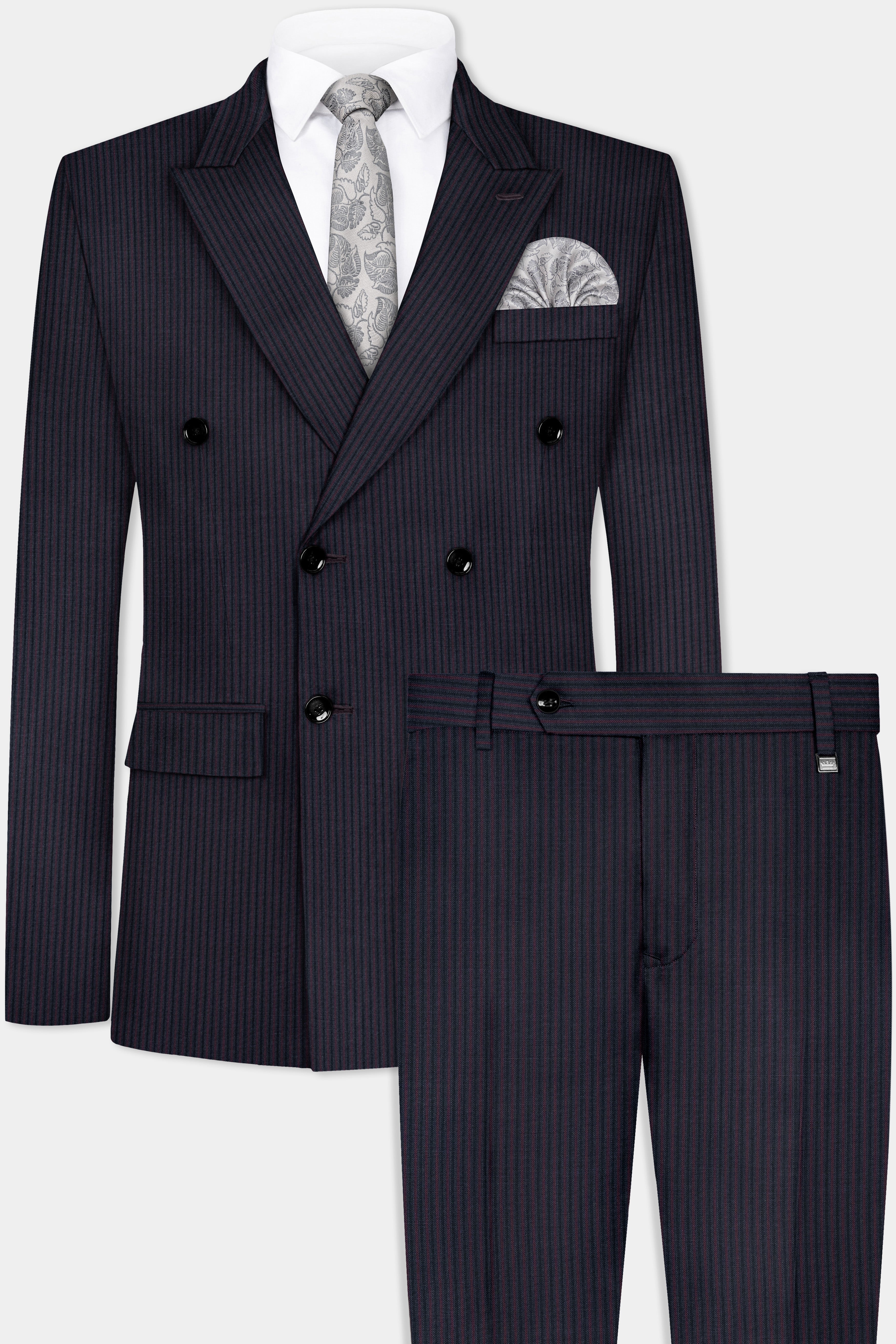 Ebony Clay Blue with Wine Berry Striped Wool Blend Double Breasted Suit