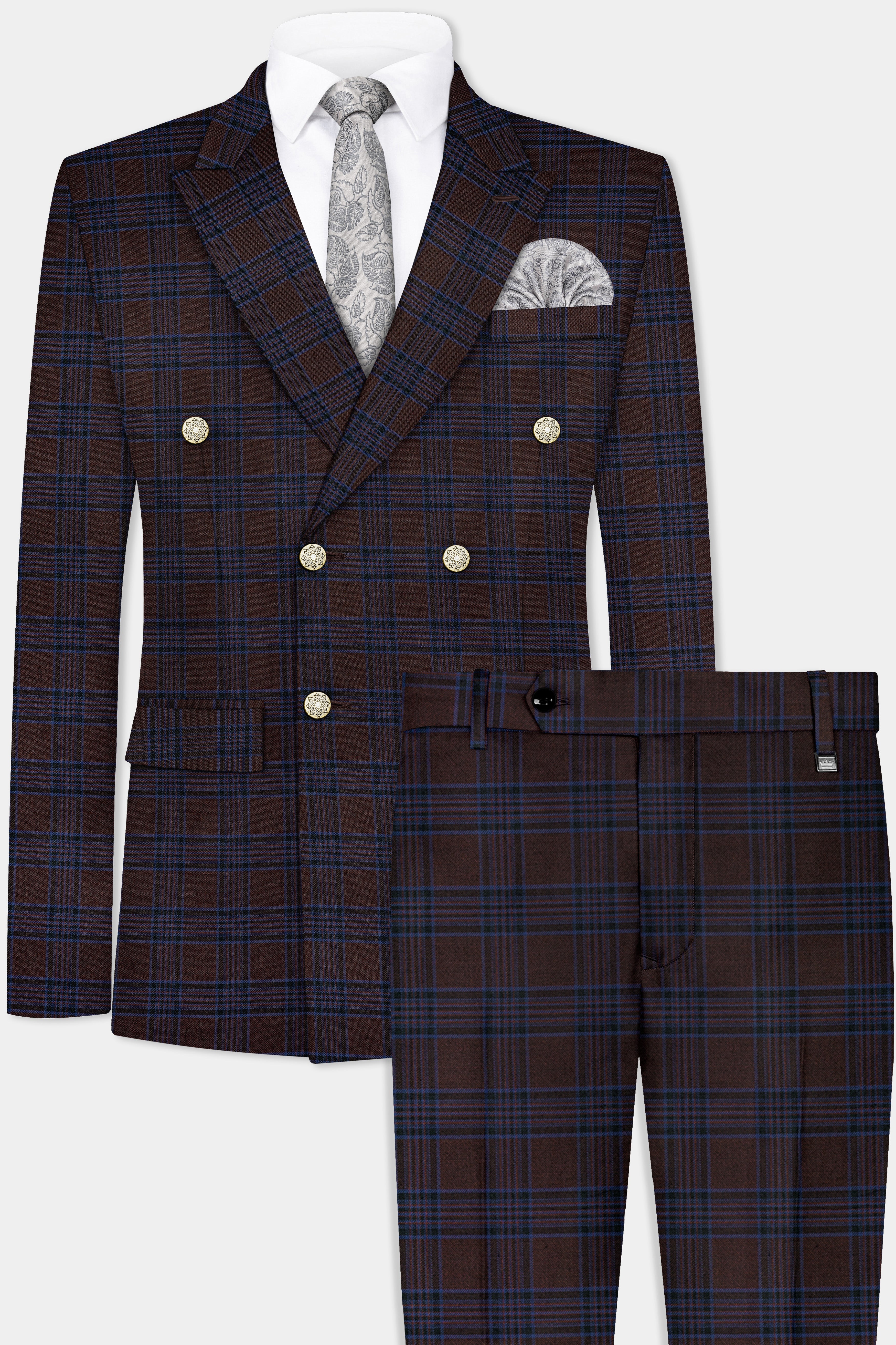 Bistre Brown with Nile Blue Plaid Wool Blend Double Breasted Suit