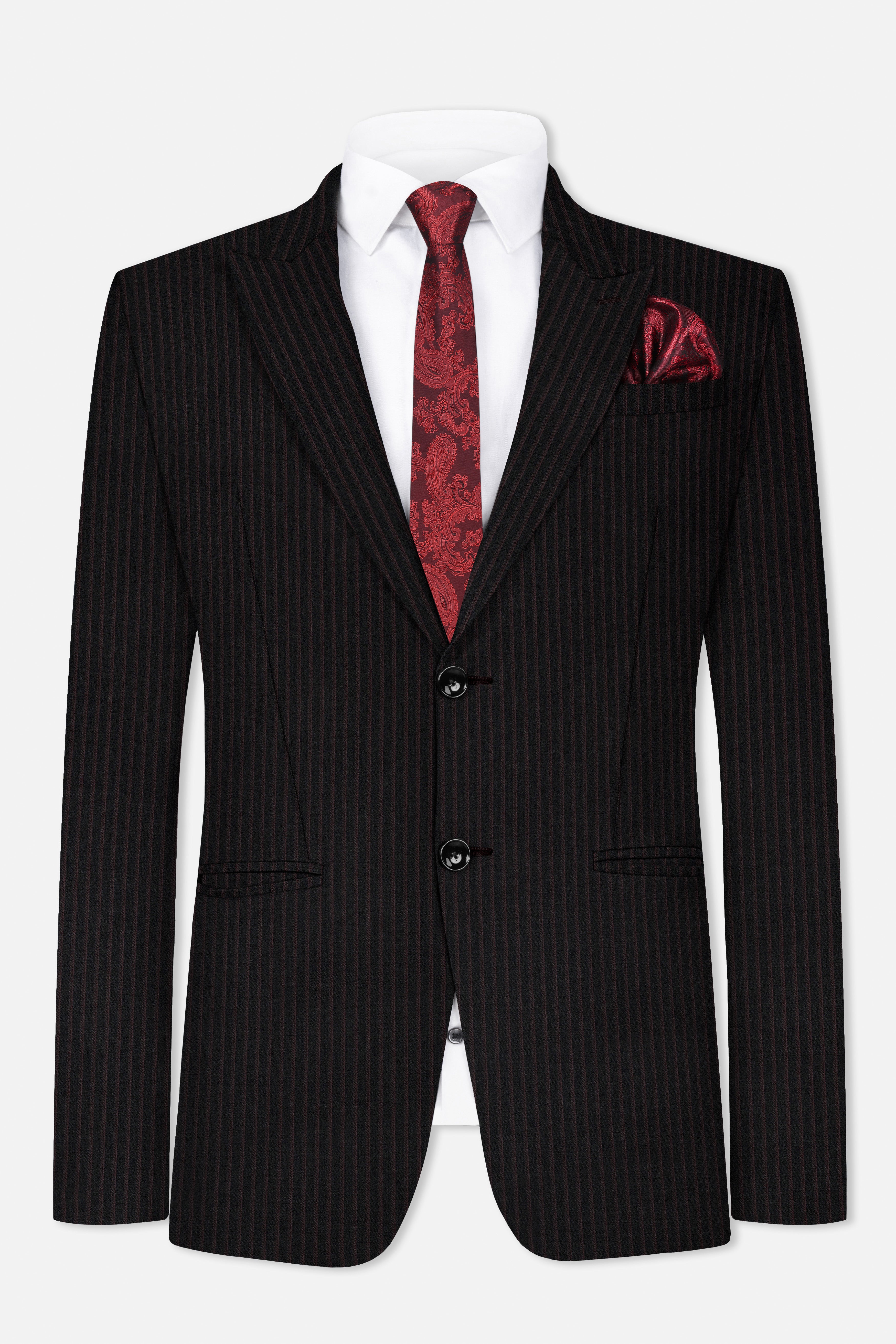 Jade Black With Iridium Maroon Striped Wool Blend Suit