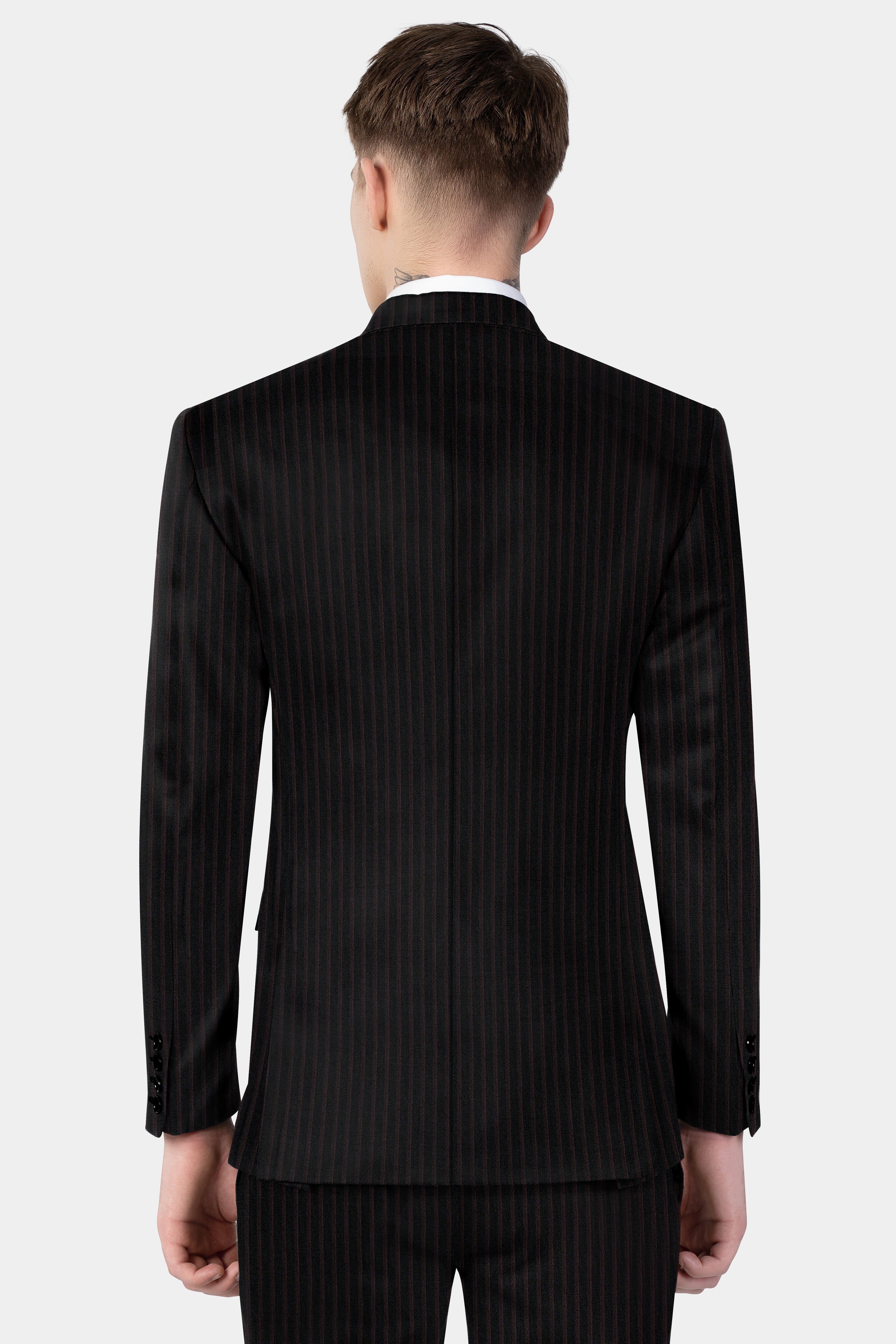 Jade Black With Iridium maroon Striped Wool Blend Double Breasted Suit