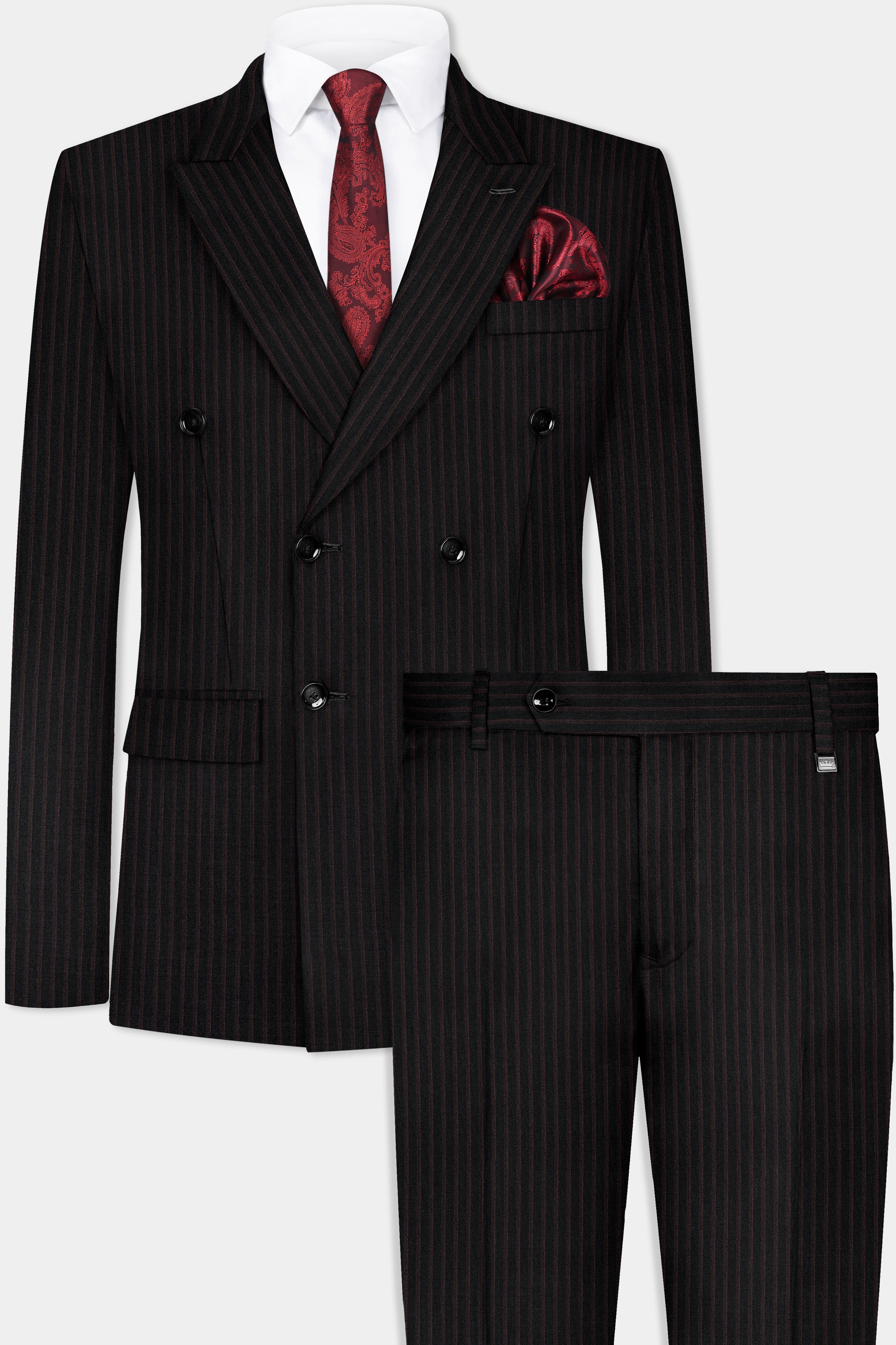 Jade Black With Iridium maroon Striped Wool Blend Double Breasted Suit