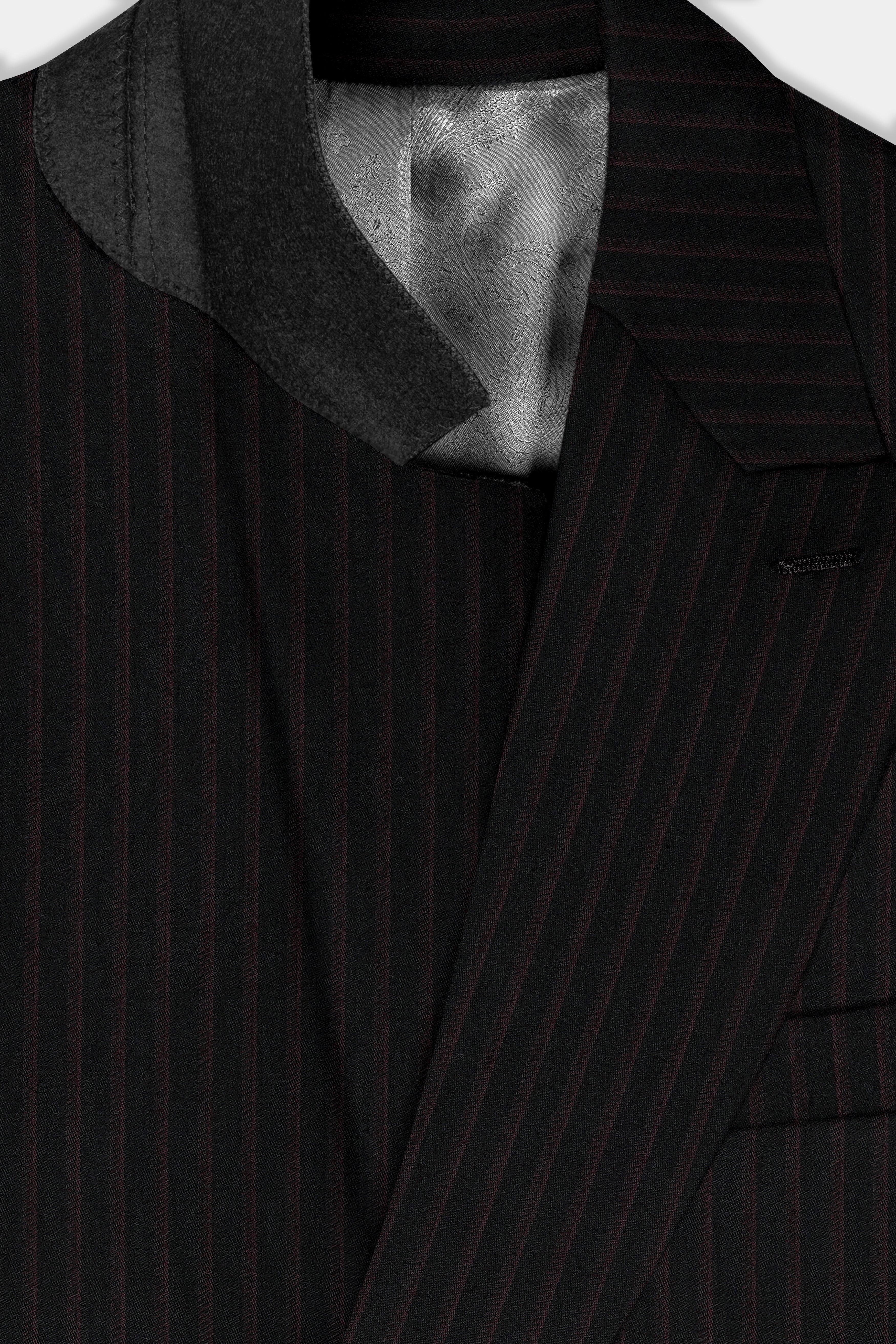 Jade Black With Iridium maroon Striped Wool Blend Double Breasted Suit