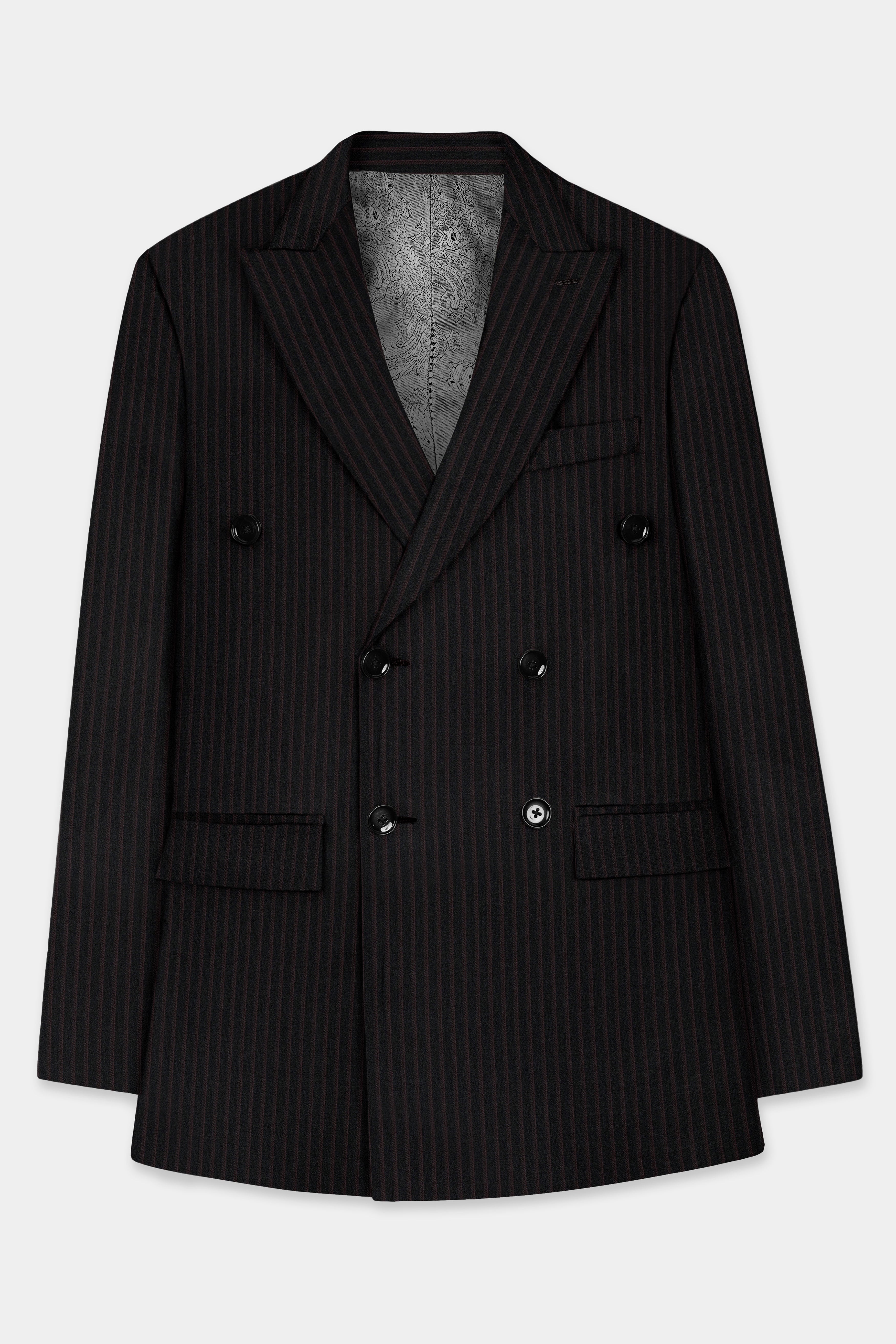 Jade Black With Iridium maroon Striped Wool Blend Double Breasted Suit