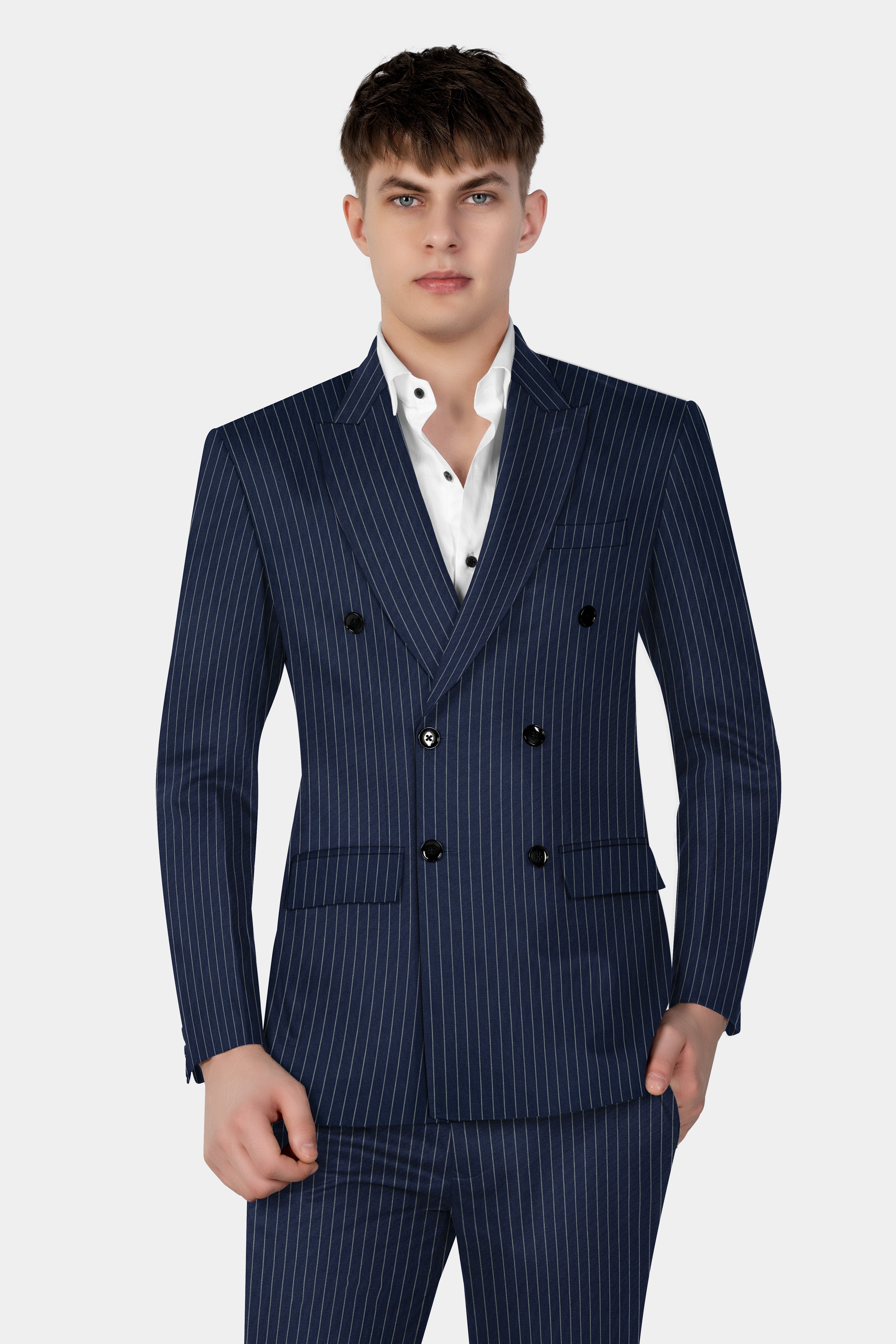 Vulcan Blue Striped Wool Blend Double Breasted Suit