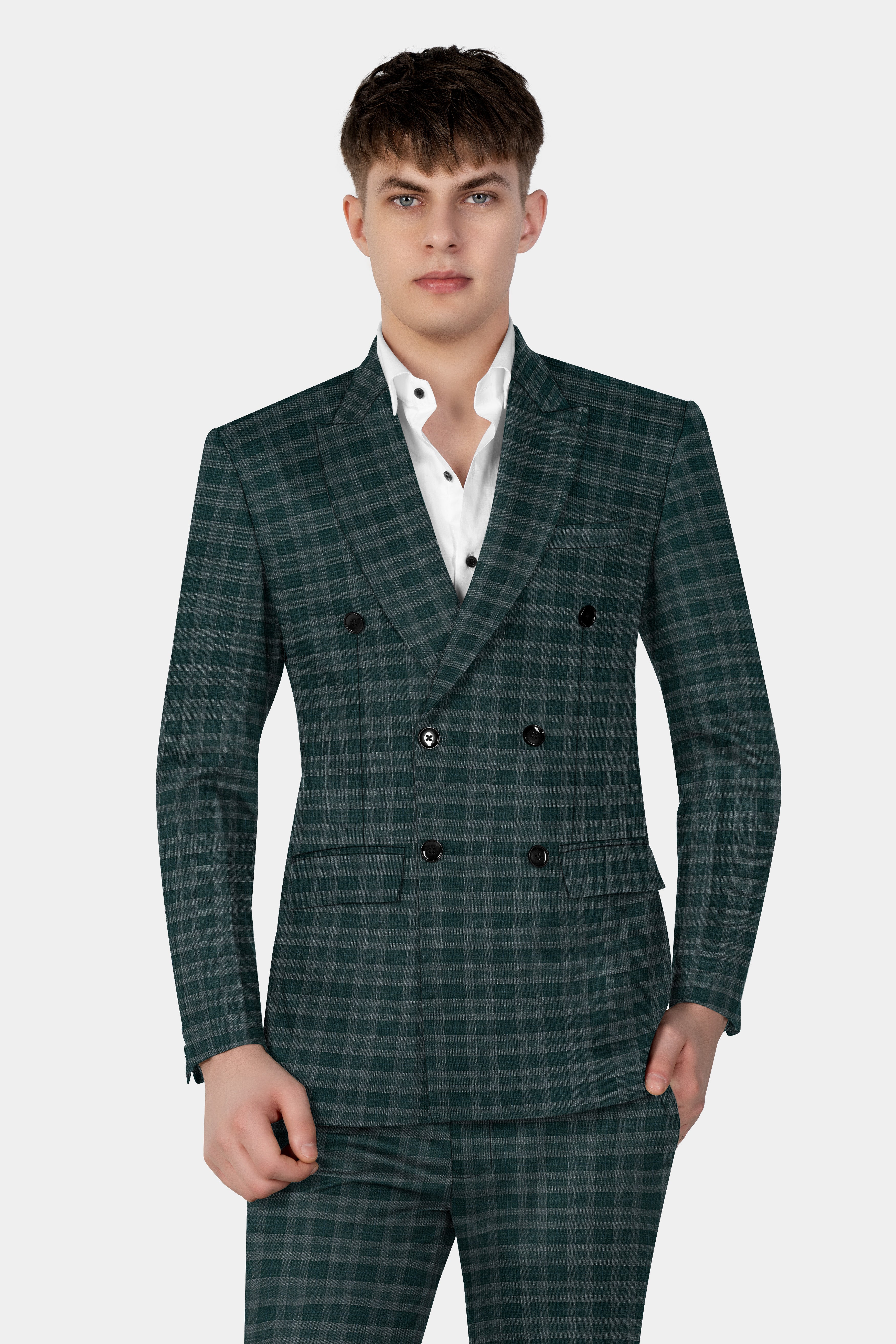 Firefly Green Plaid Wool Blend Double Breasted Suit