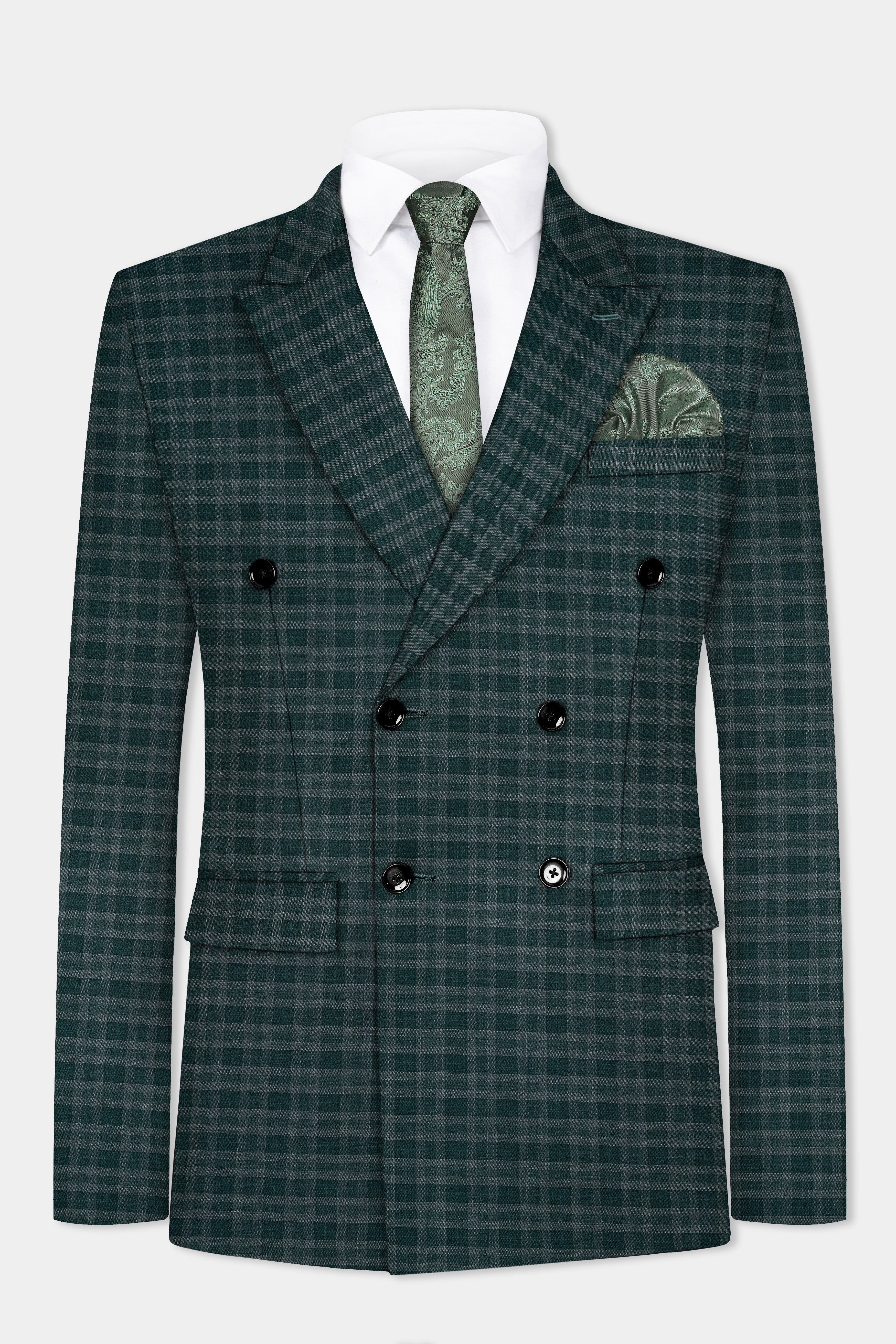 Firefly Green Plaid Wool Blend Double Breasted Suit