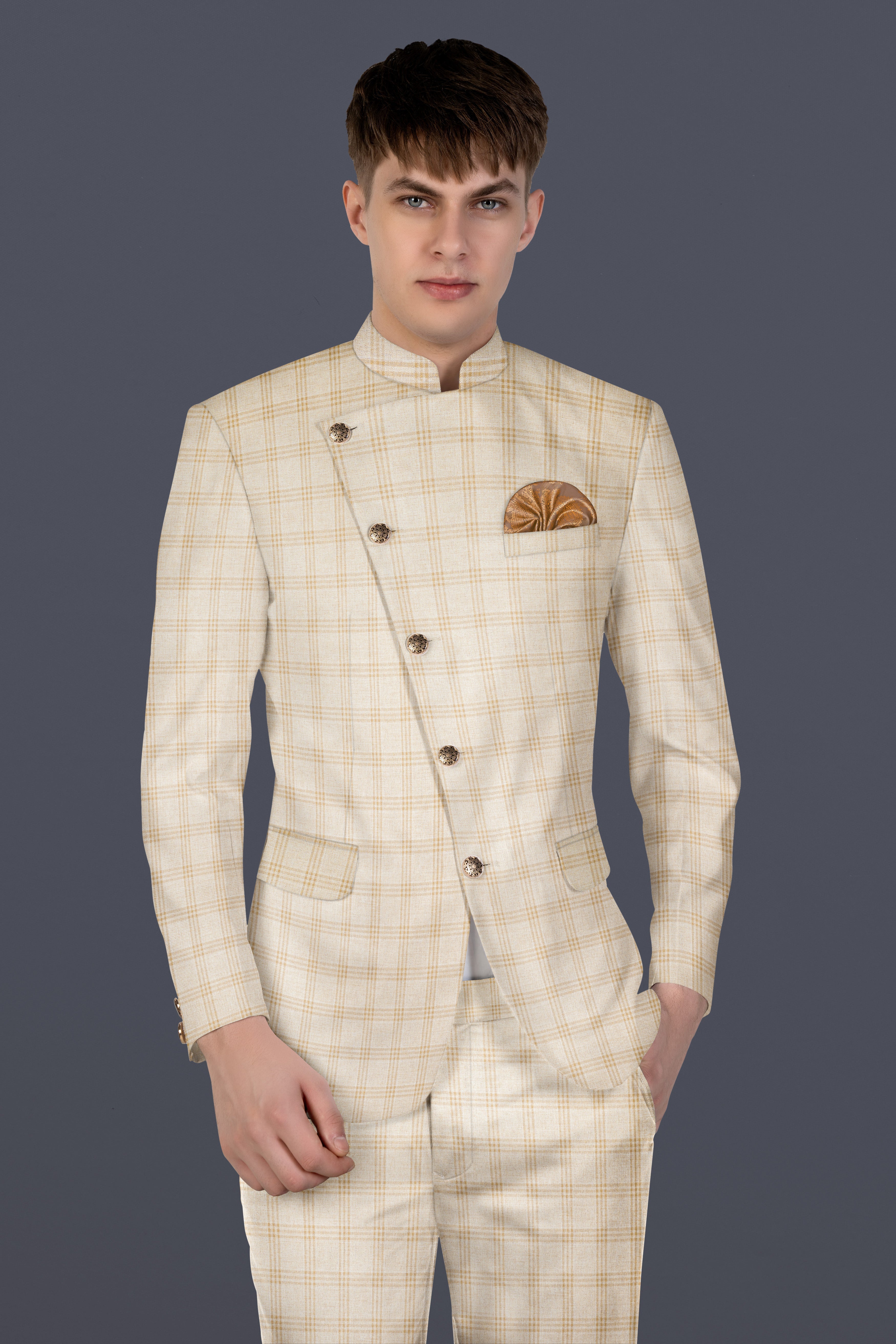 Bizarre Cream Windowpane Cross Placket Bandhgala Suit