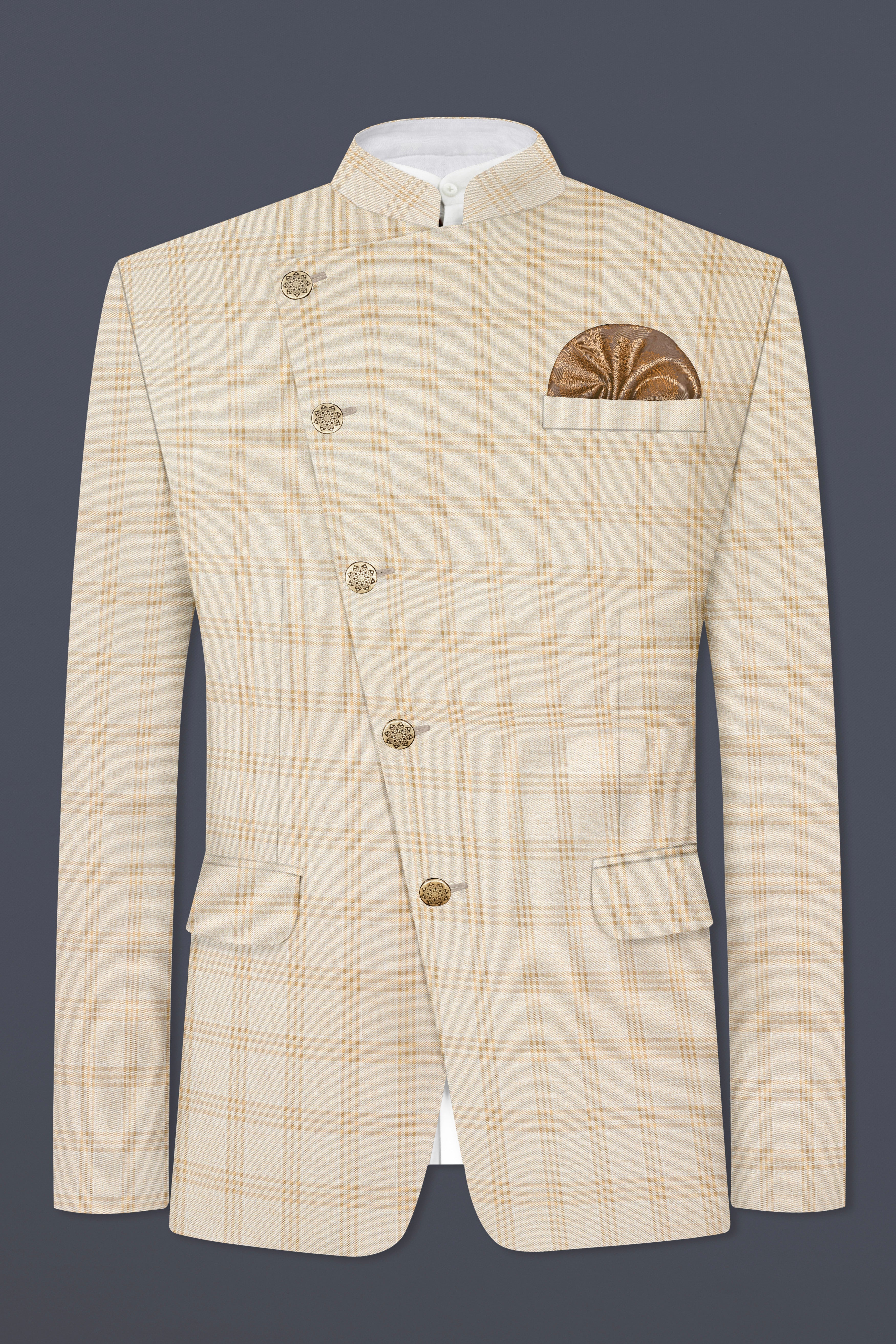 Bizarre Cream Windowpane Cross Placket Bandhgala Suit