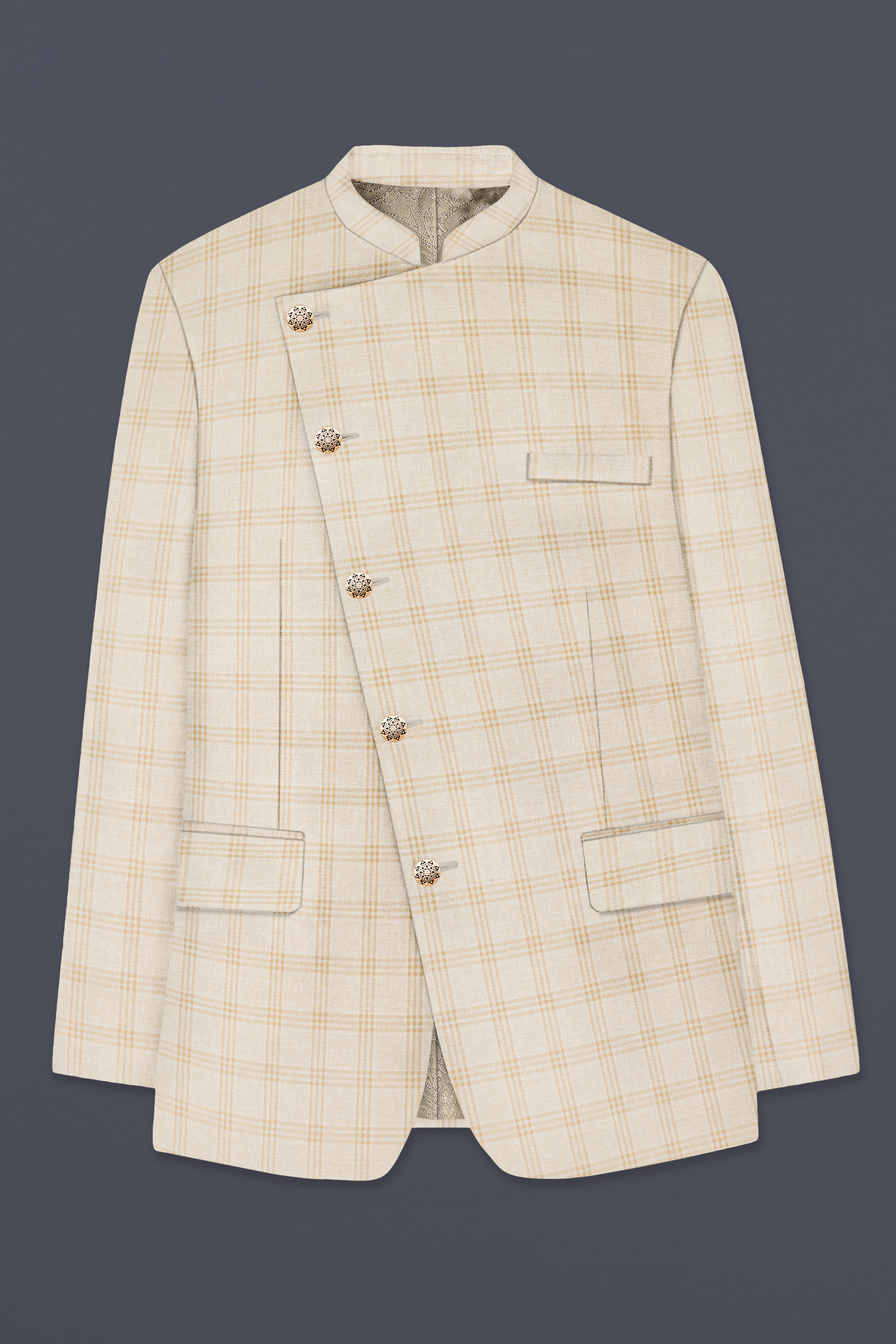 Bizarre Cream Windowpane Cross Placket Bandhgala Suit