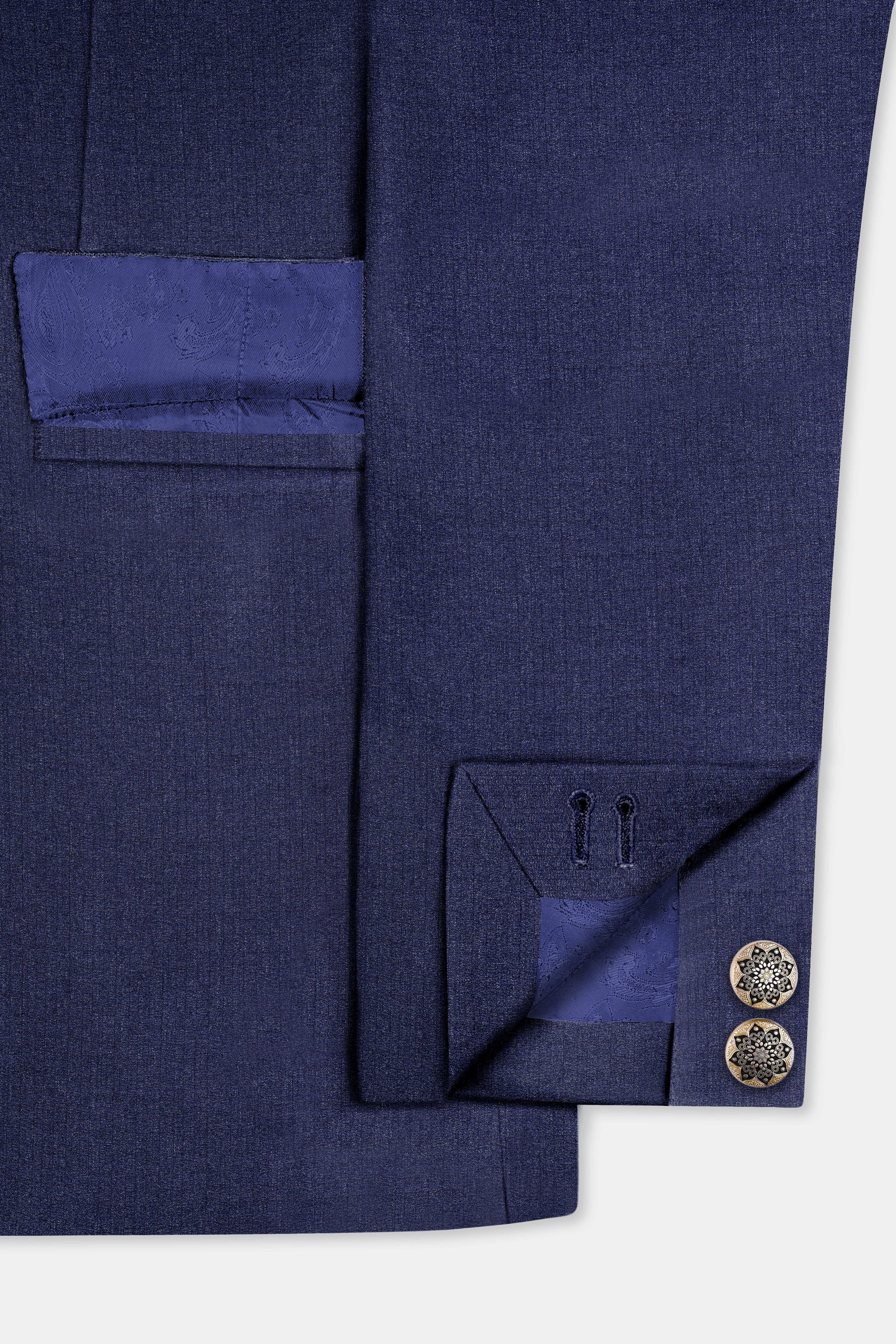 Ebony Clay Blue Textured Wool Blend Cross Placket Bandhgala Suit