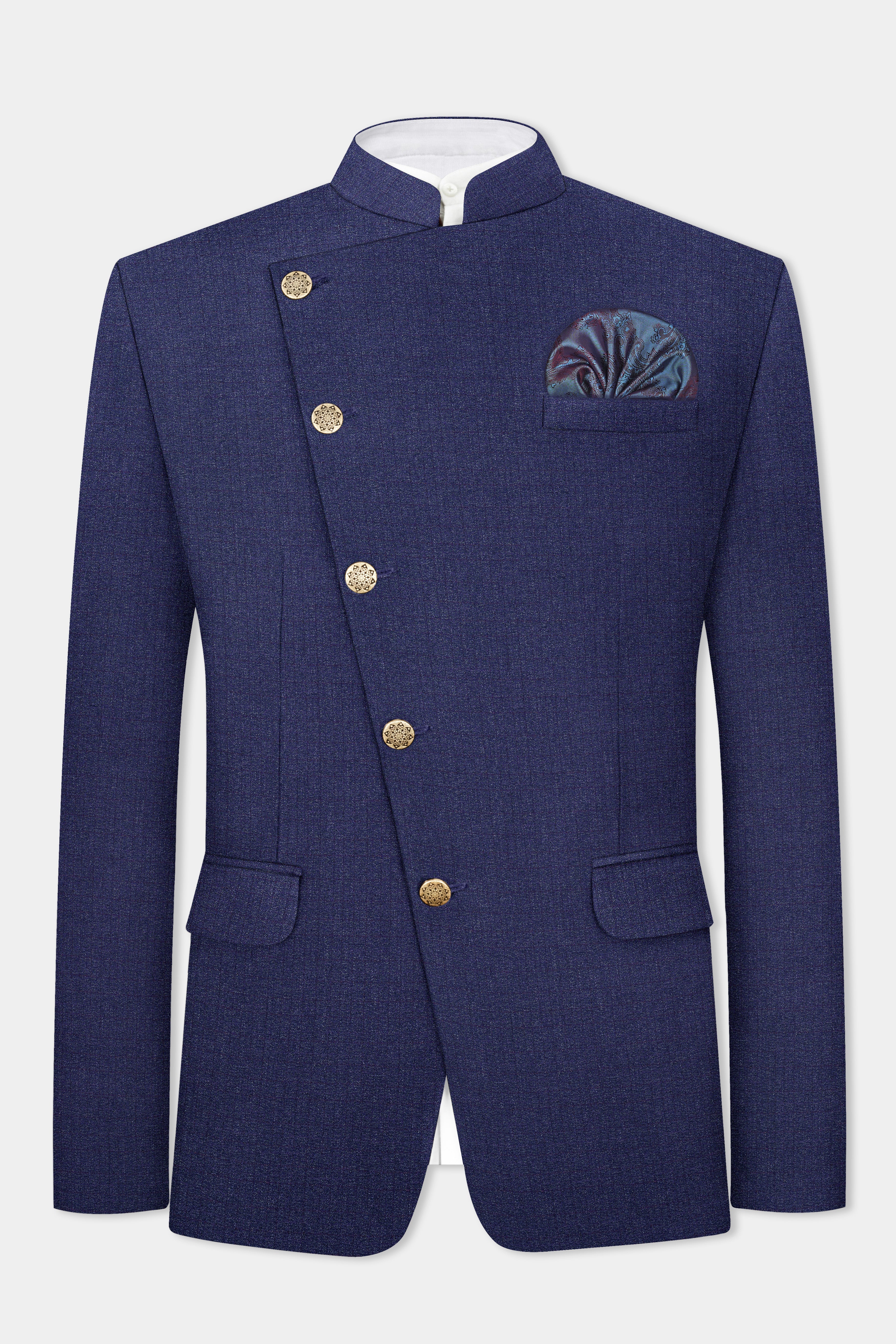 Ebony Clay Blue Textured Wool Blend Cross Placket Bandhgala Suit