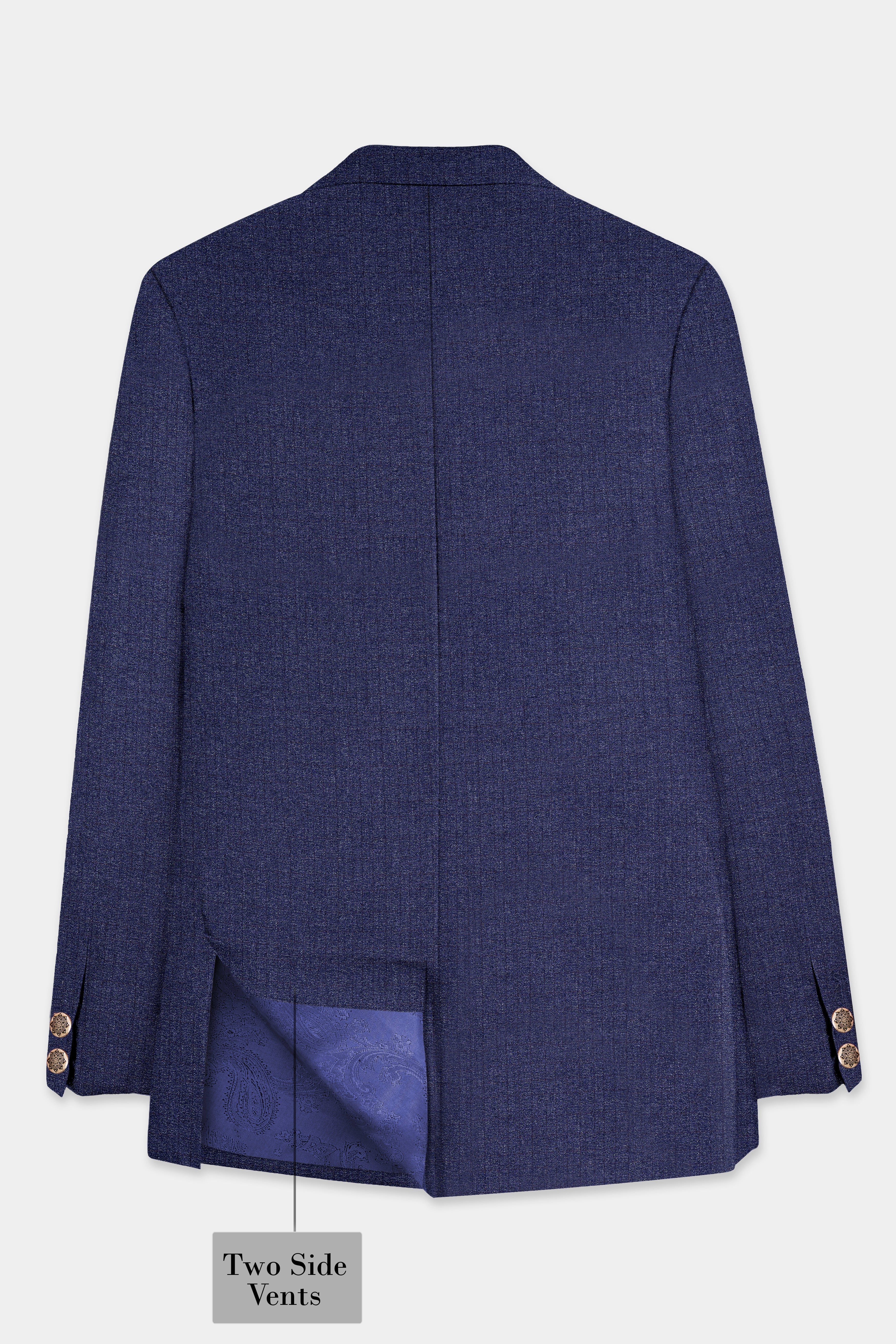 Ebony Clay Blue Textured Wool Blend Cross Placket Bandhgala Suit