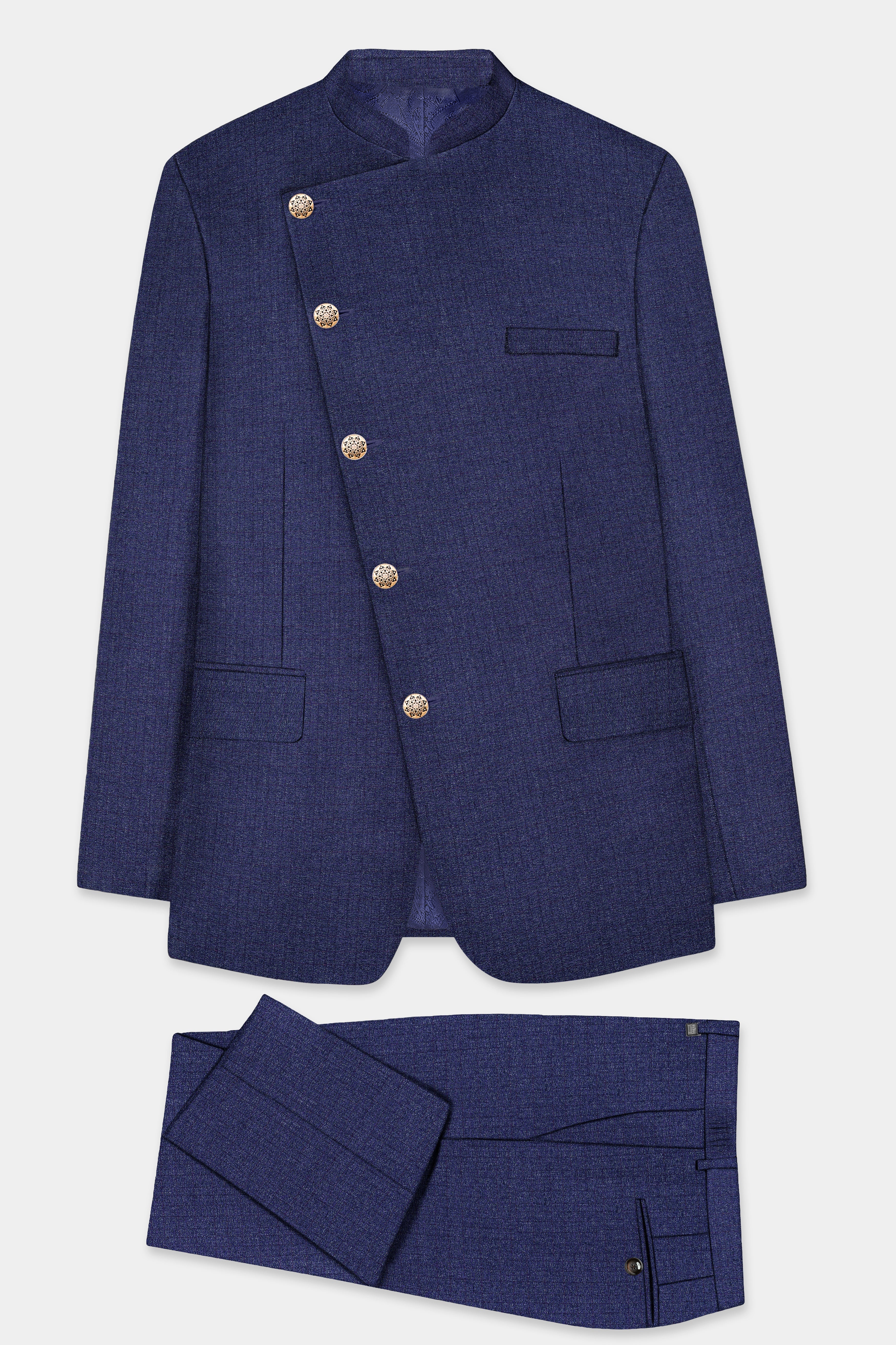 Ebony Clay Blue Textured Wool Blend Cross Placket Bandhgala Suit