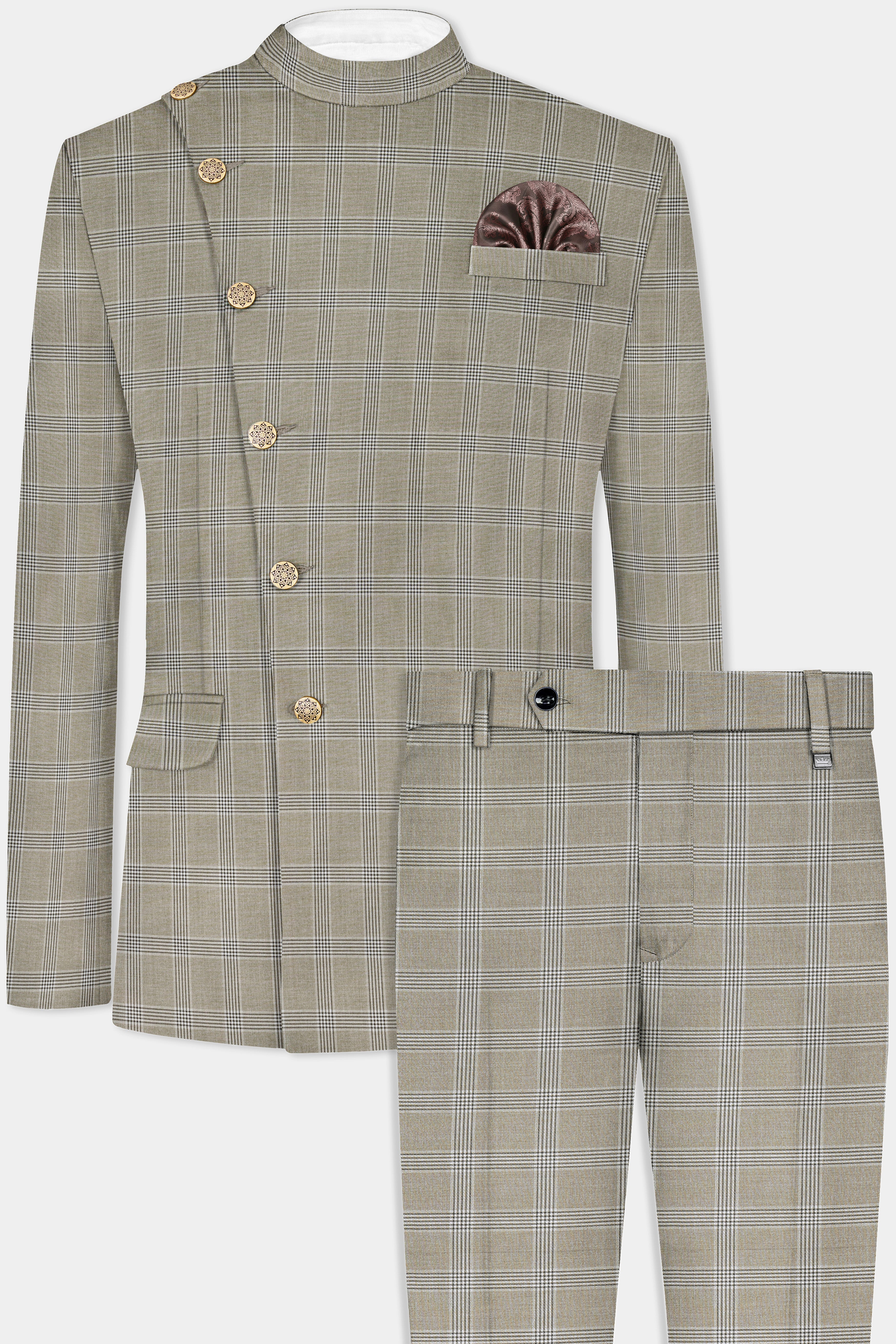 Sandrift Cream Plaid Wool Blend Cross Placket Bandhgala Suit