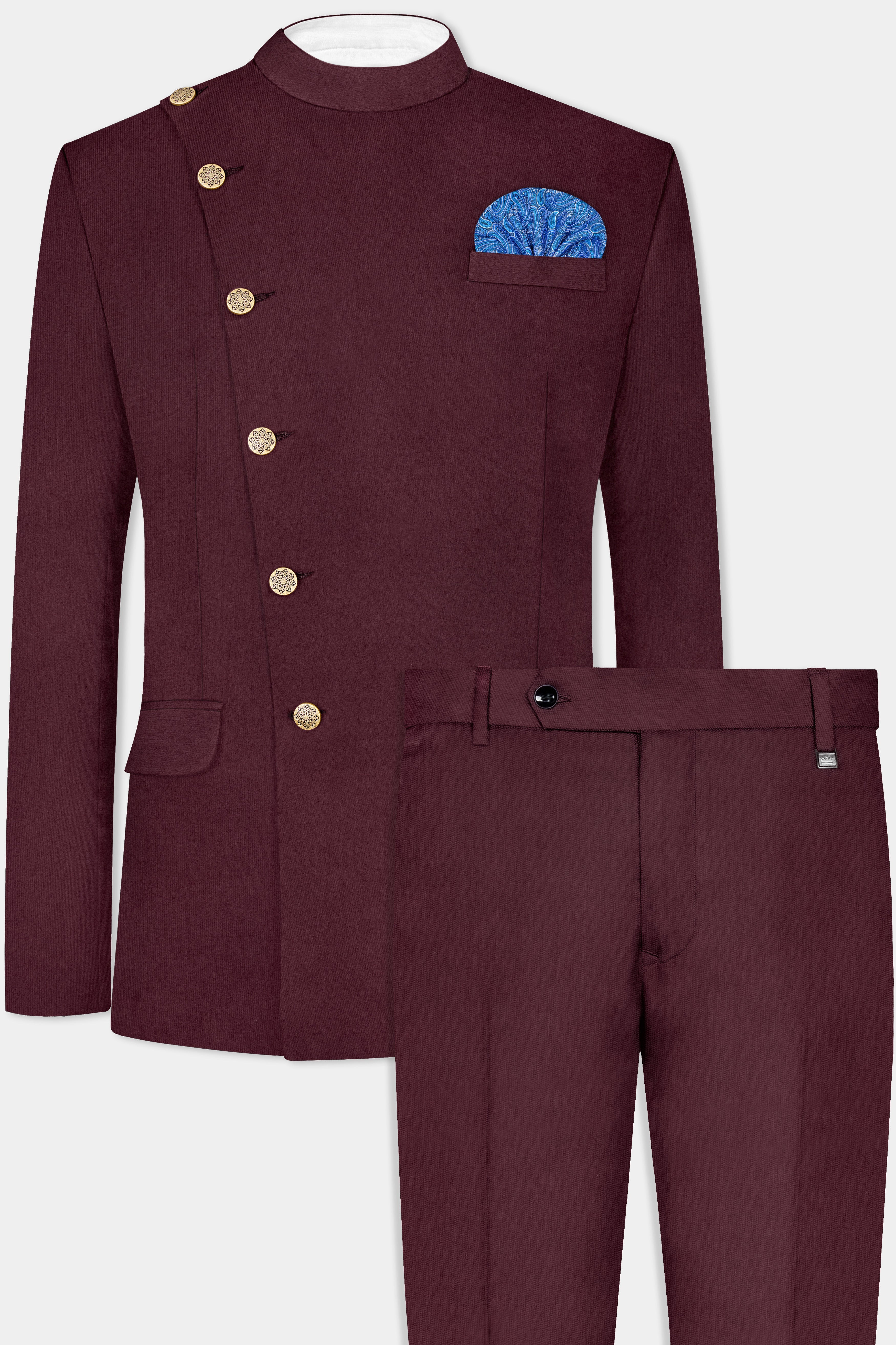 Tamarind Maroon Wool Blend Cross Placket Bandhgala Suit